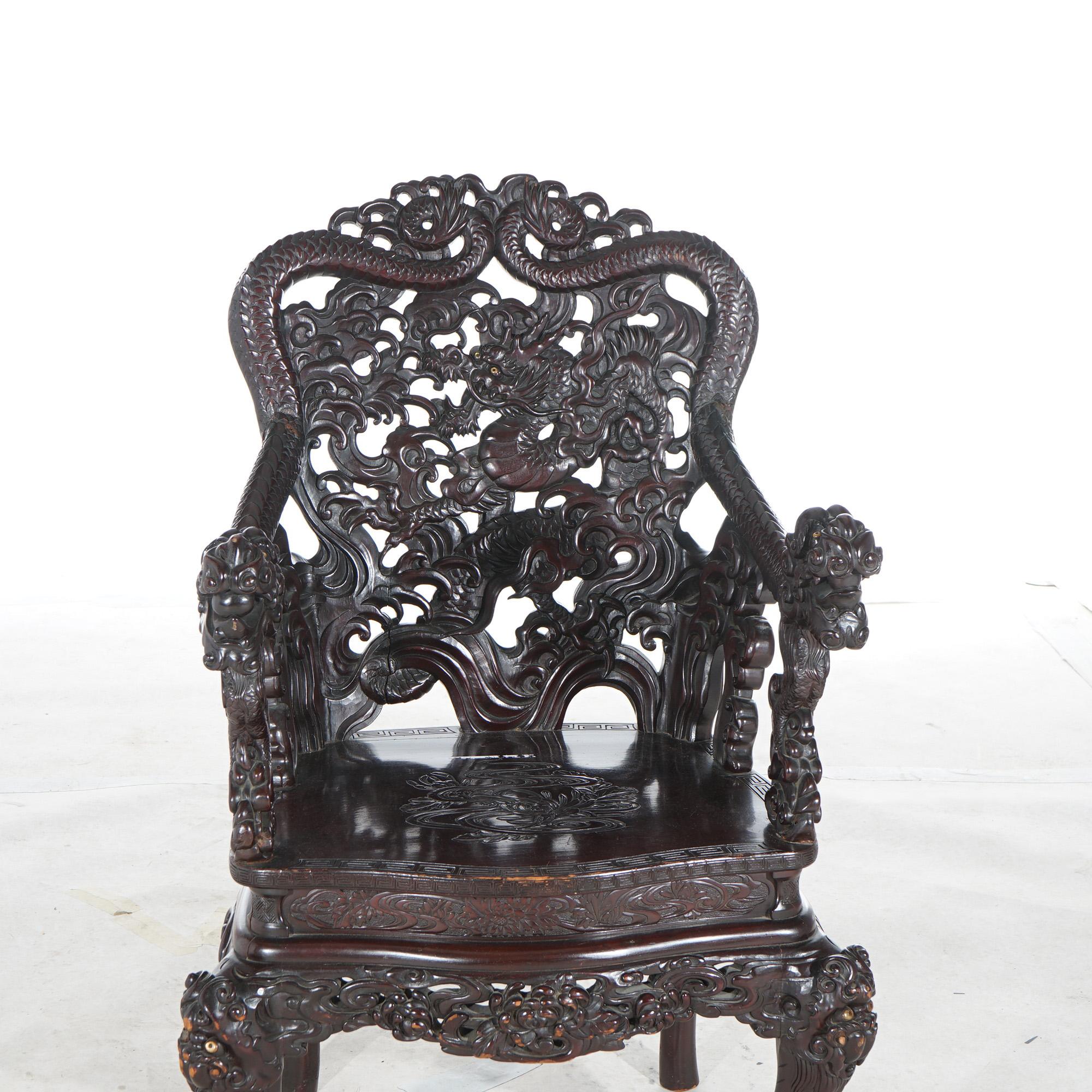 Antique Chinese Deeply Carved Rosewood Figural Queen Chair with Dragons C1920 For Sale 13