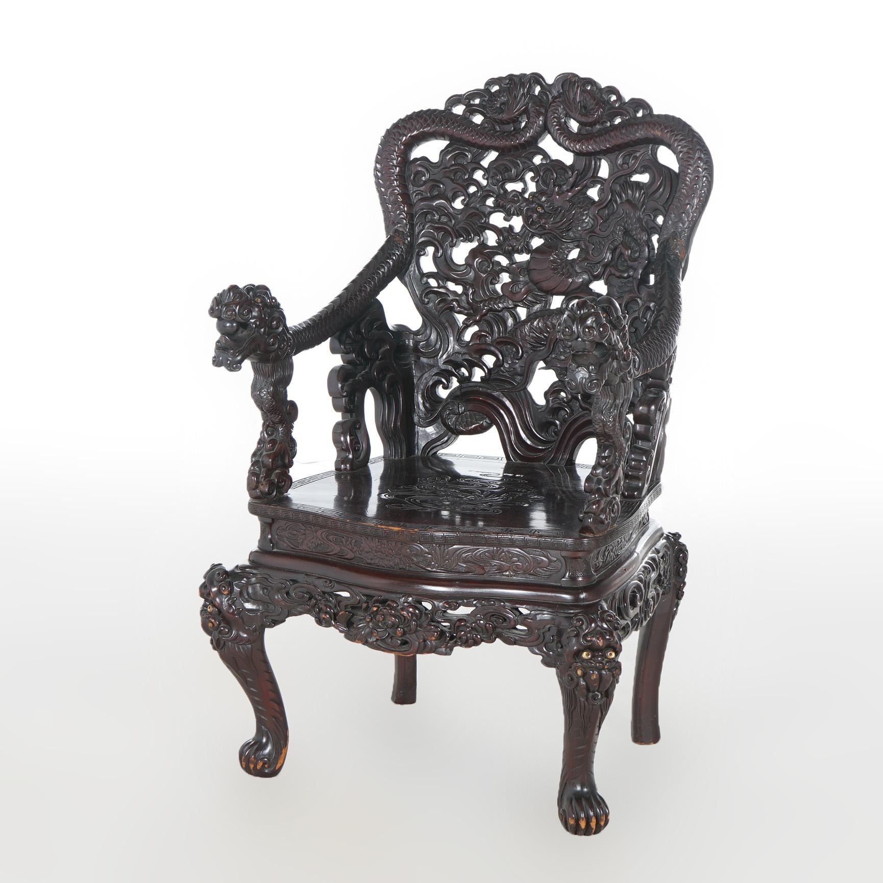 Antique Chinese Deeply Carved Rosewood Figural Queen Throne Chair with Dragons C1920

Measures - 43.5