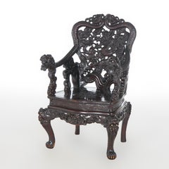 Antique Chinese Deeply Carved Rosewood Figural Queen Chair with Dragons C1920