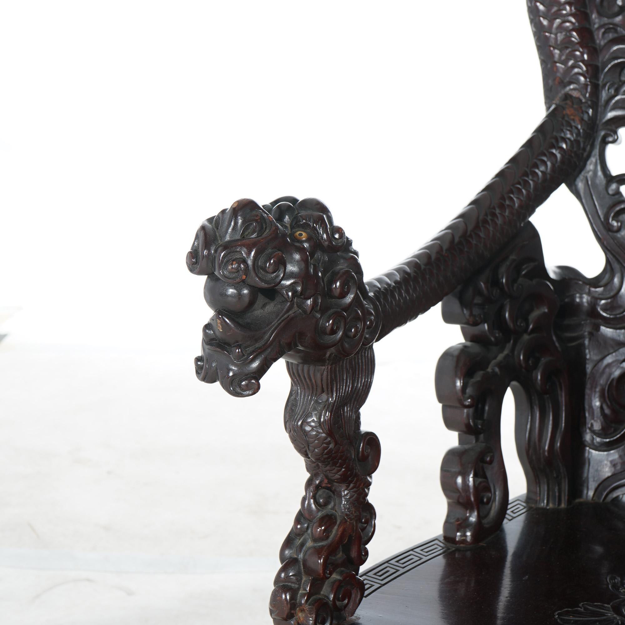 Antique Chinese Deeply Carved Rosewood Figural Queen Chair with Dragons C1920 In Good Condition For Sale In Big Flats, NY