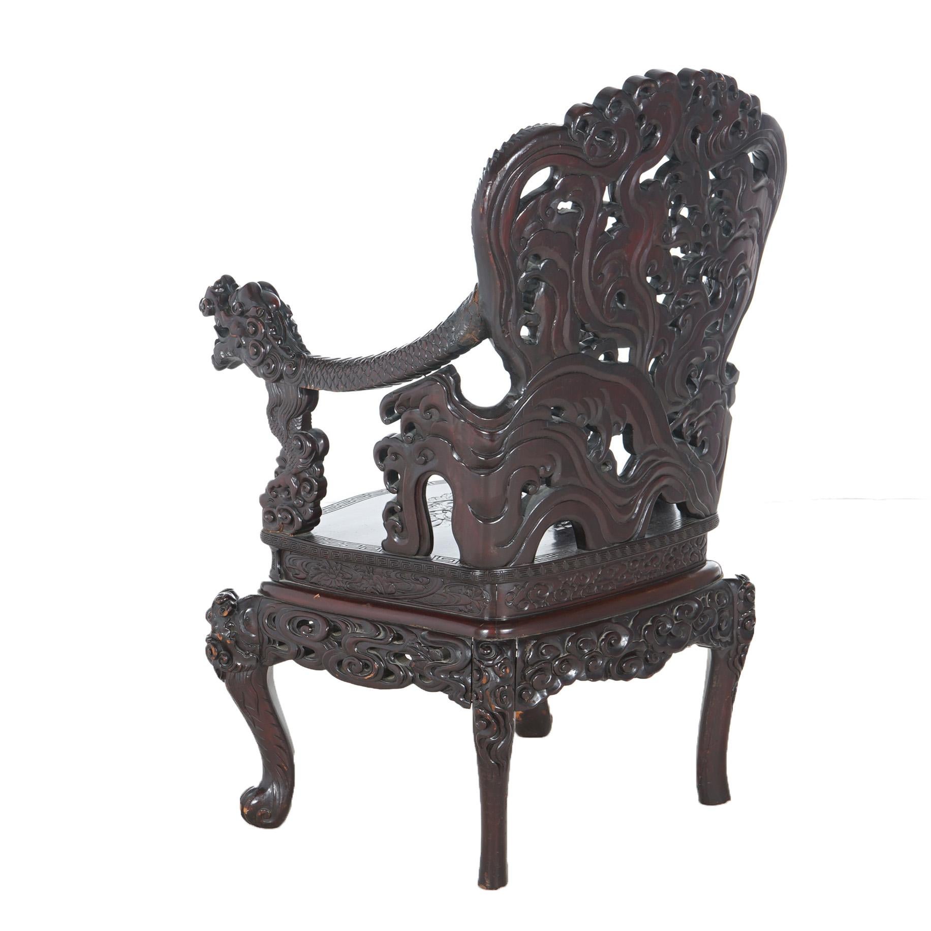 Antique Chinese Deeply Carved Rosewood Figural Queen Chair with Dragons C1920 For Sale 4