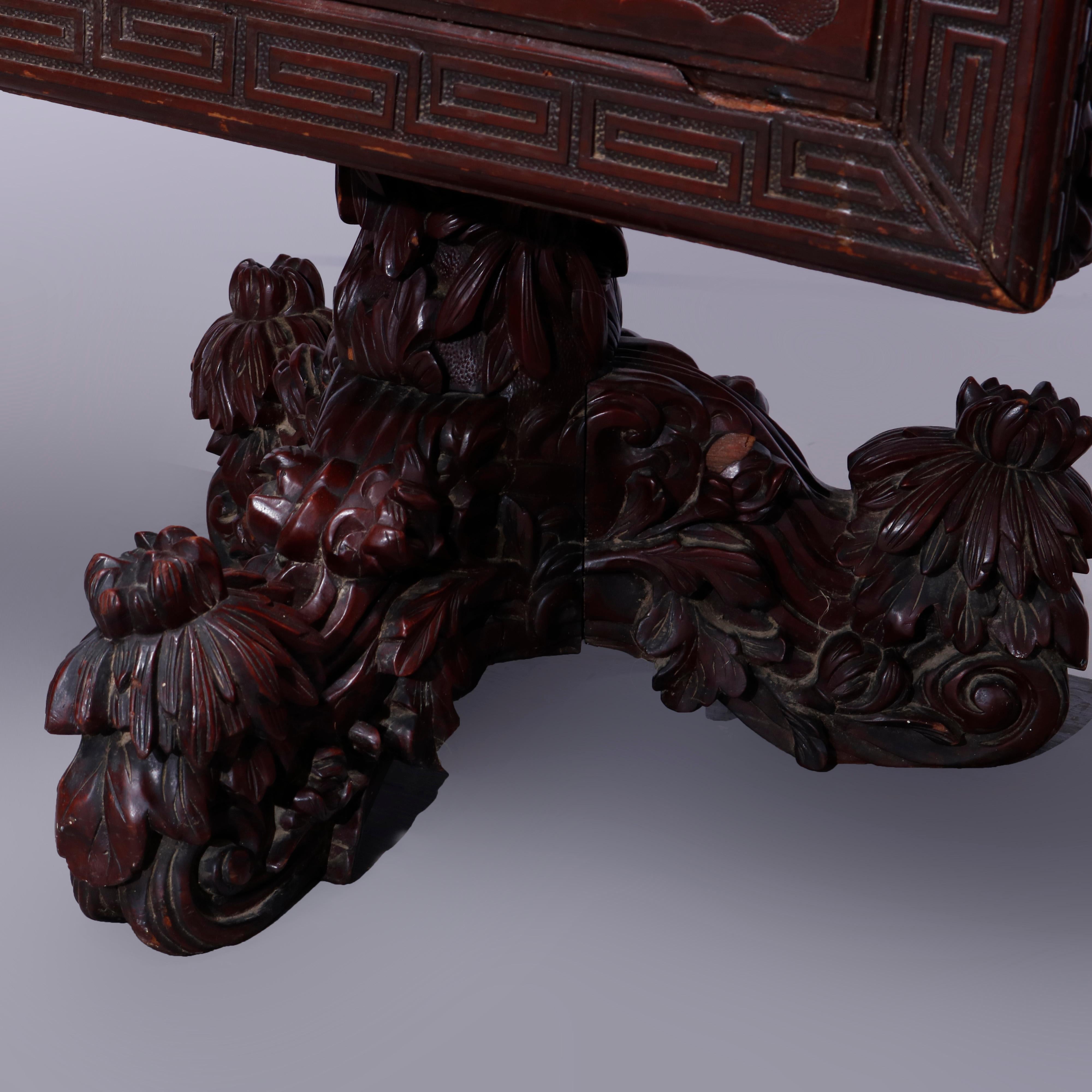 Wood Antique Chinese Deeply Foliate Carved Hardwood Tilt-Top Table, 19th Century  