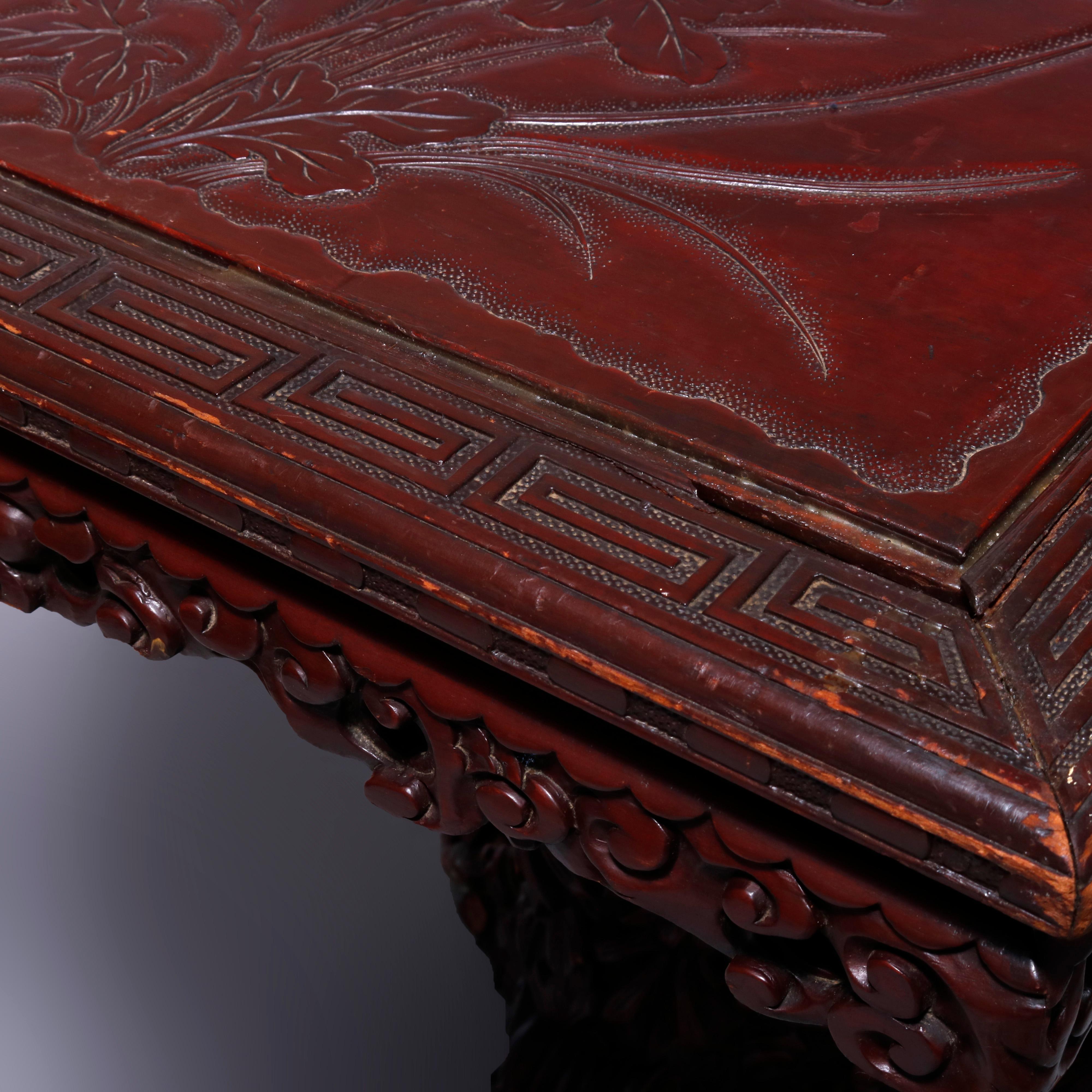 Antique Chinese Deeply Foliate Carved Hardwood Tilt-Top Table, 19th Century   5