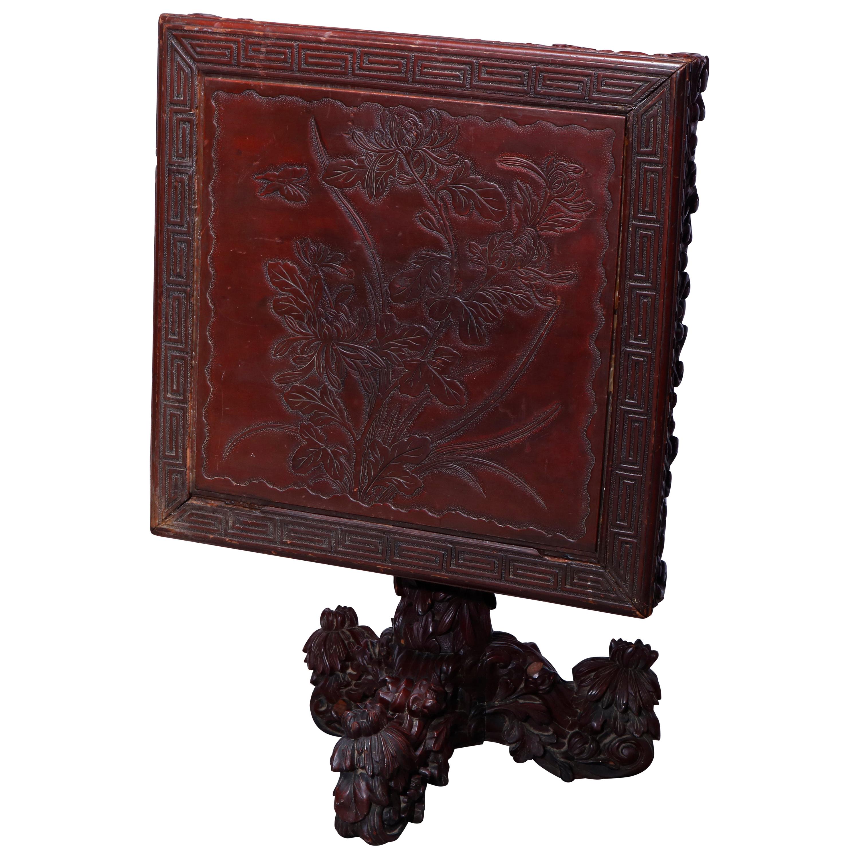 Antique Chinese Deeply Foliate Carved Hardwood Tilt-Top Table, 19th Century  