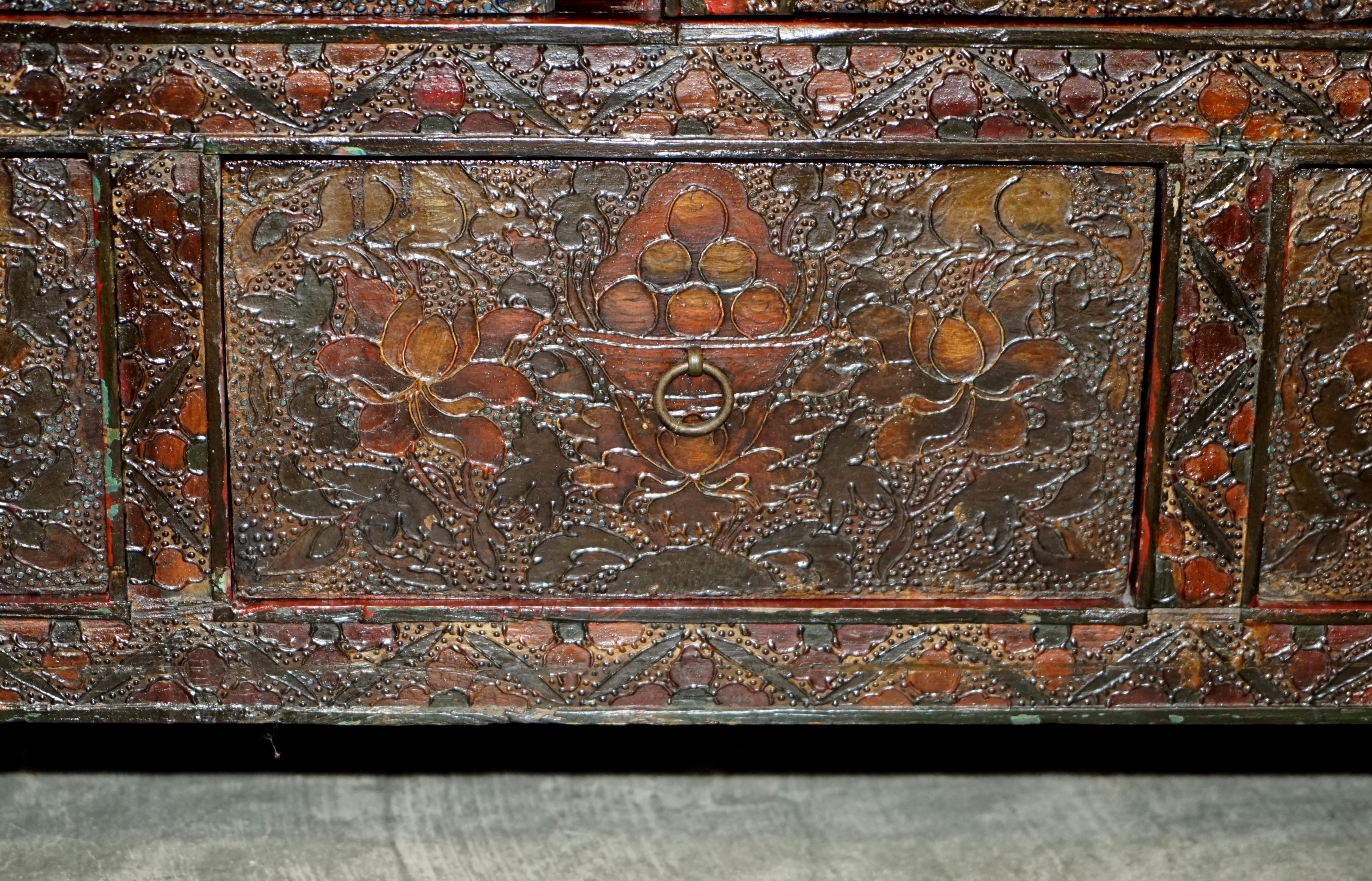 Antique Chinese Deer & Flower Tibetan Polychrome Painted Altar Cabinet Sideboard For Sale 5