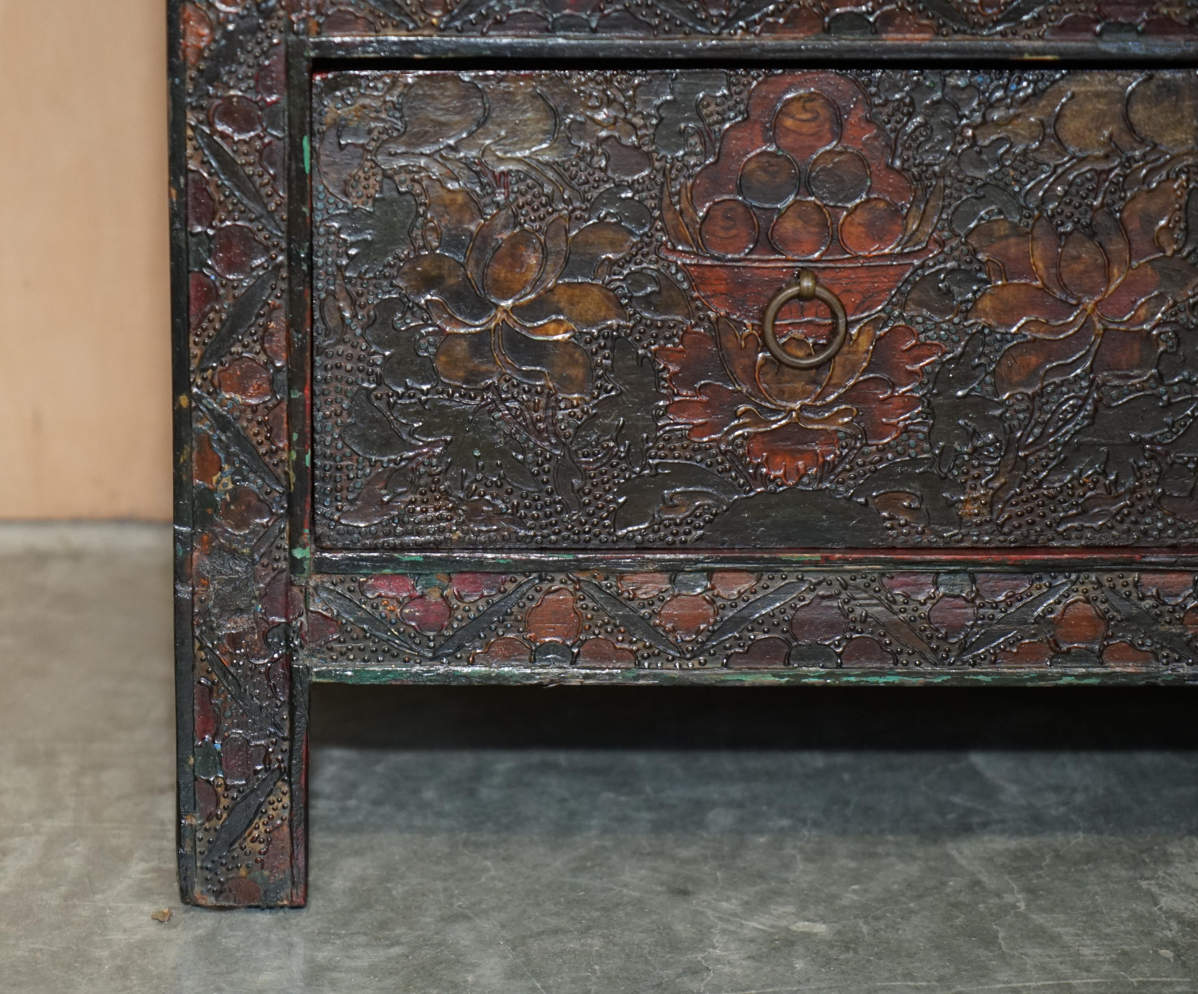 19th Century Antique Chinese Deer & Flower Tibetan Polychrome Painted Altar Cabinet Sideboard For Sale