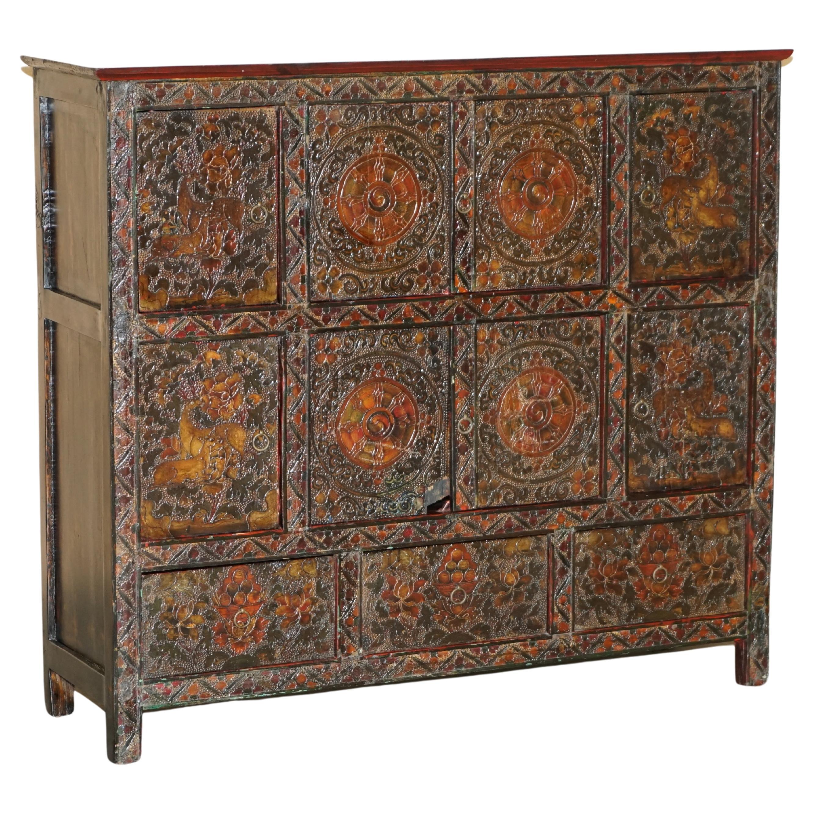 ANTIQUE CHINESE DEER & FLOWER TIBETAN POLYCHROME PAINTED ALTAR CABiNET SIDEBOARD