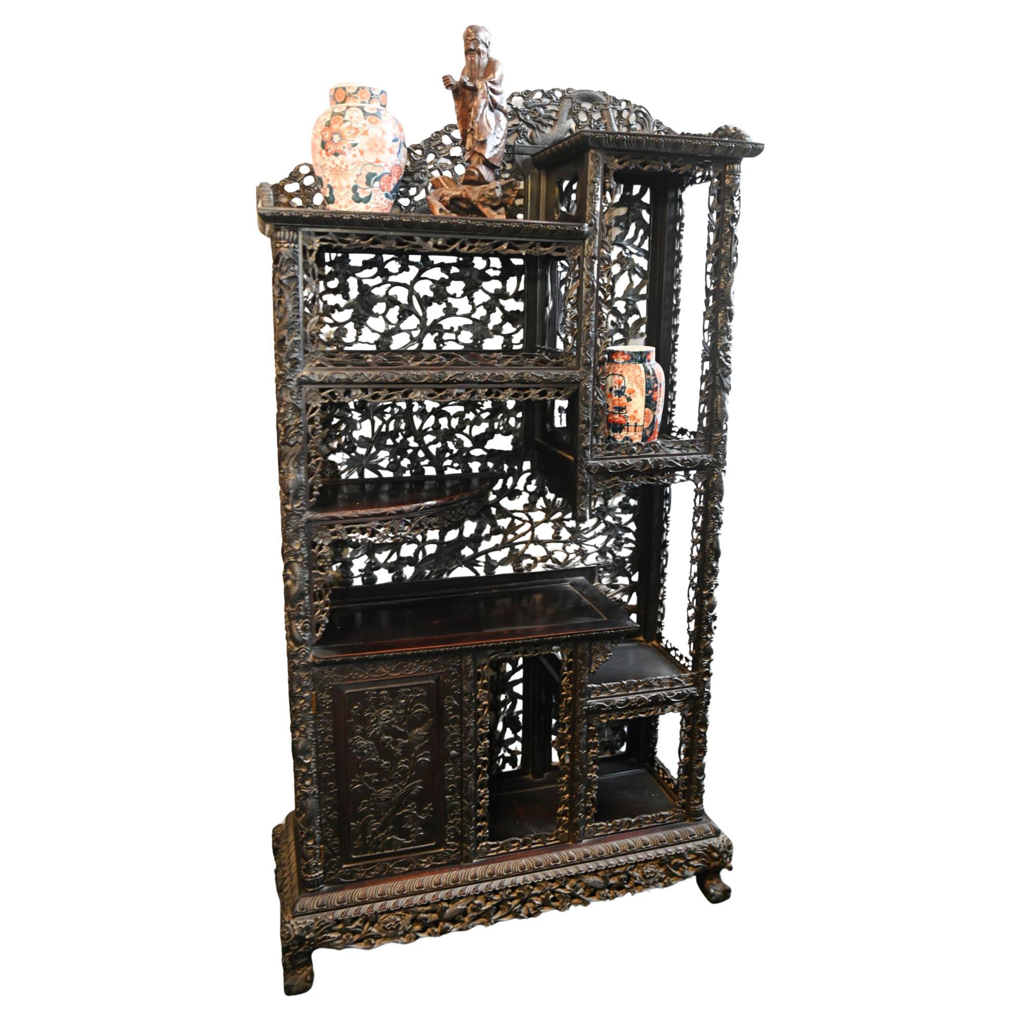 Antique Chinese Display Cabinet Profusely Carved Padouk 1860