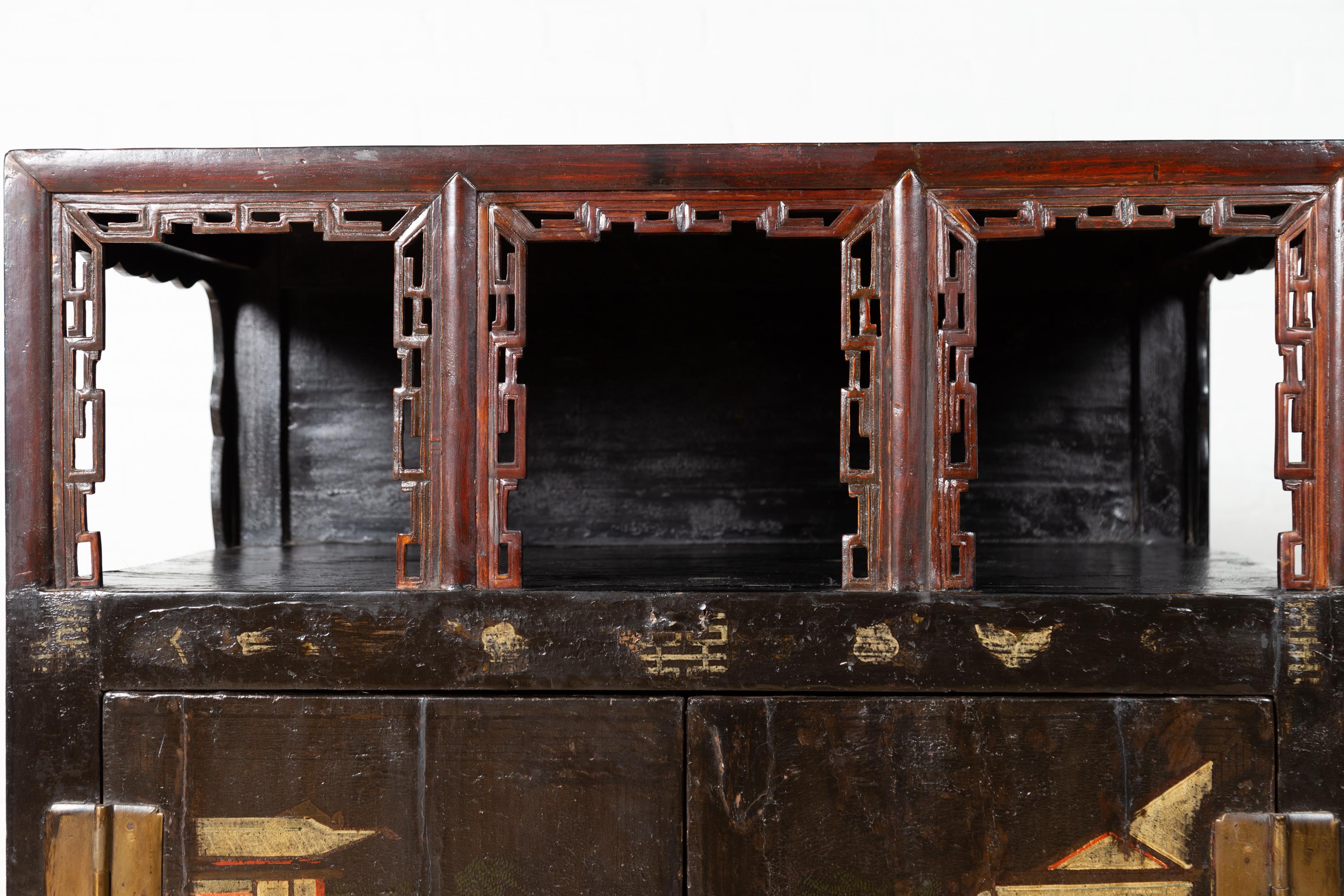 Antique Chinese Display Cabinet with Hand Painted Chinoiserie and Open Shelf For Sale 2