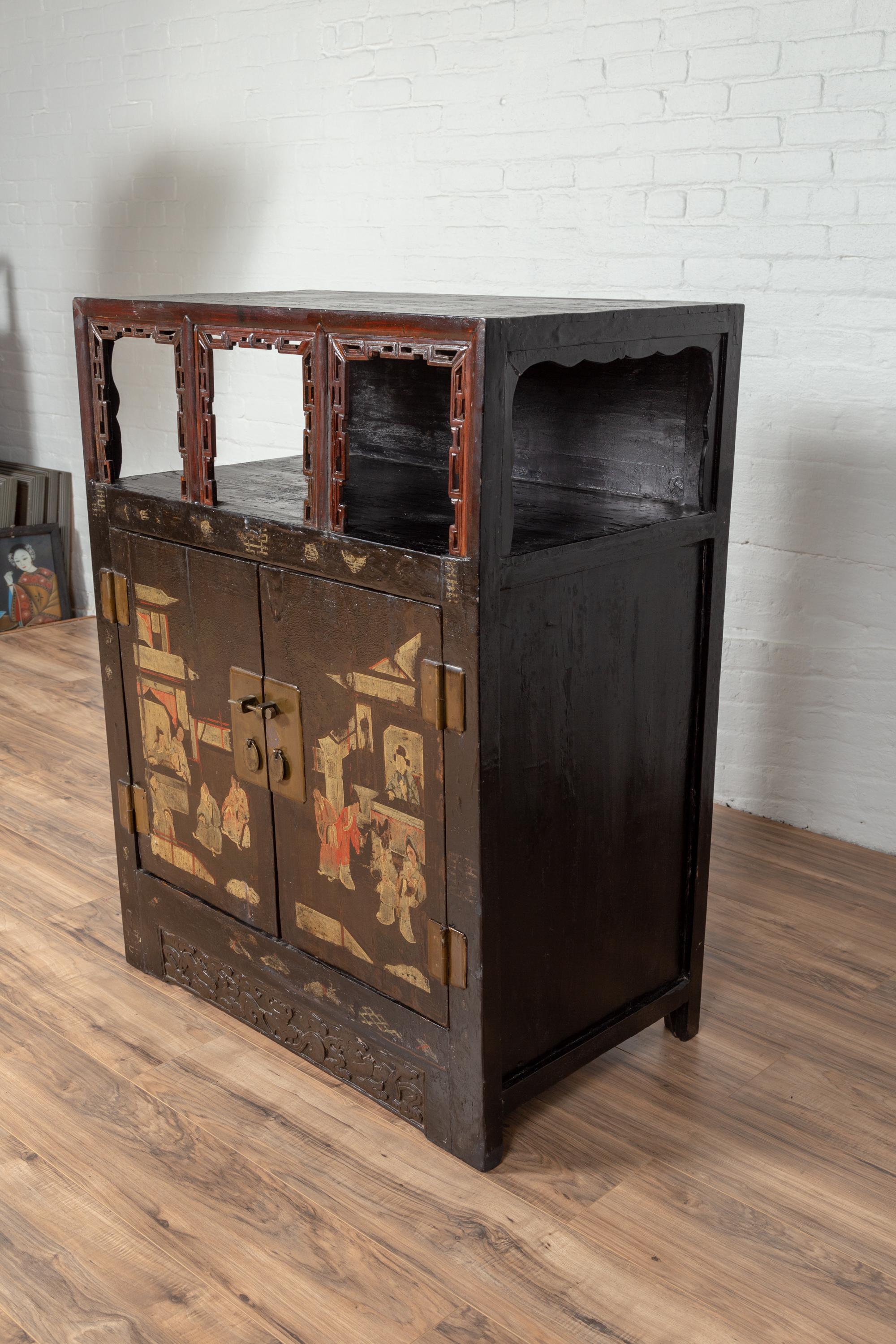 Antique Chinese Display Cabinet with Hand Painted Chinoiserie and Open Shelf For Sale 5