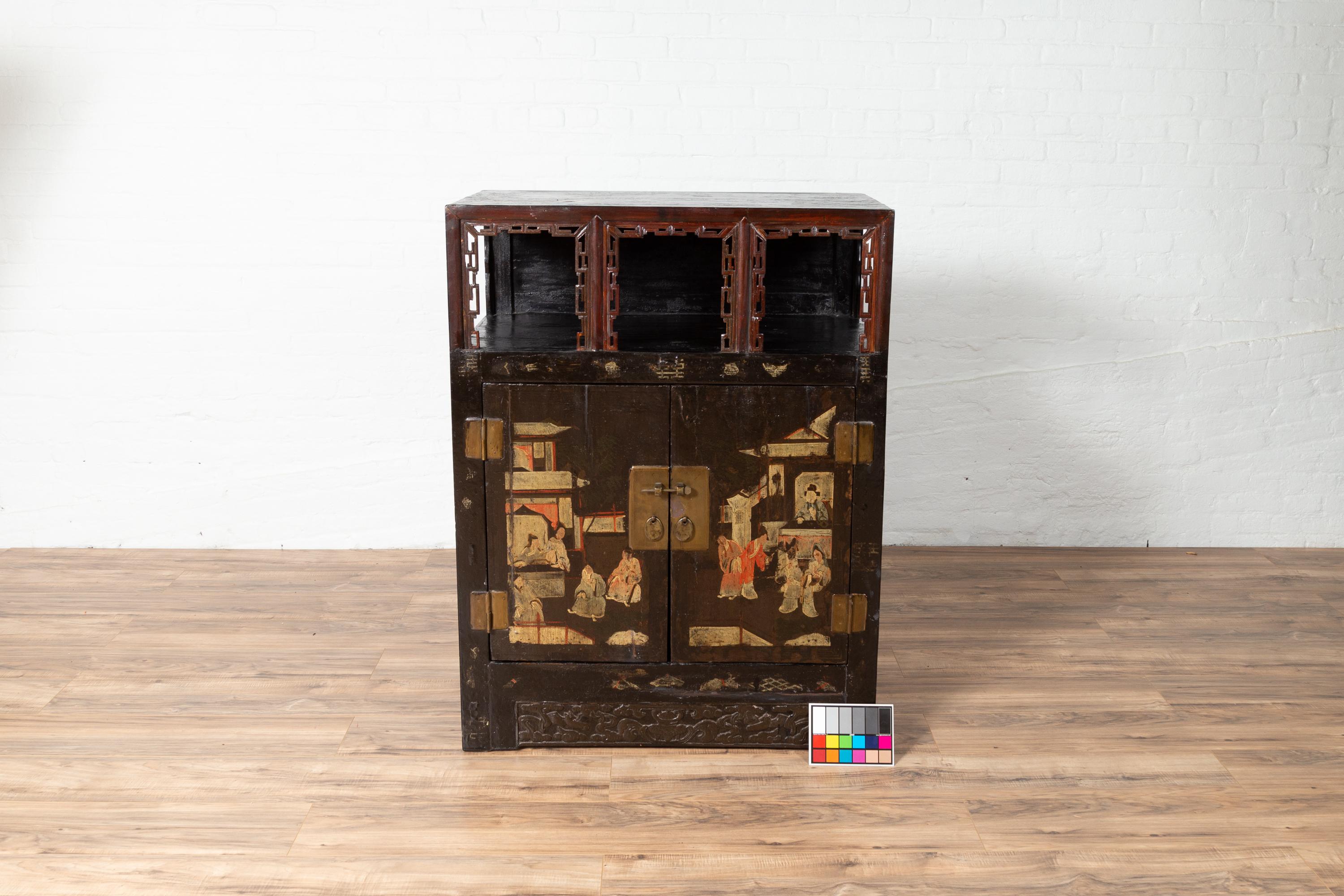 Antique Chinese Display Cabinet with Hand Painted Chinoiserie and Open Shelf For Sale 8