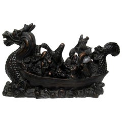 Antique Chinese Dragon Carved Bovine Horn Boat Ship Male Figures Guangxu Period