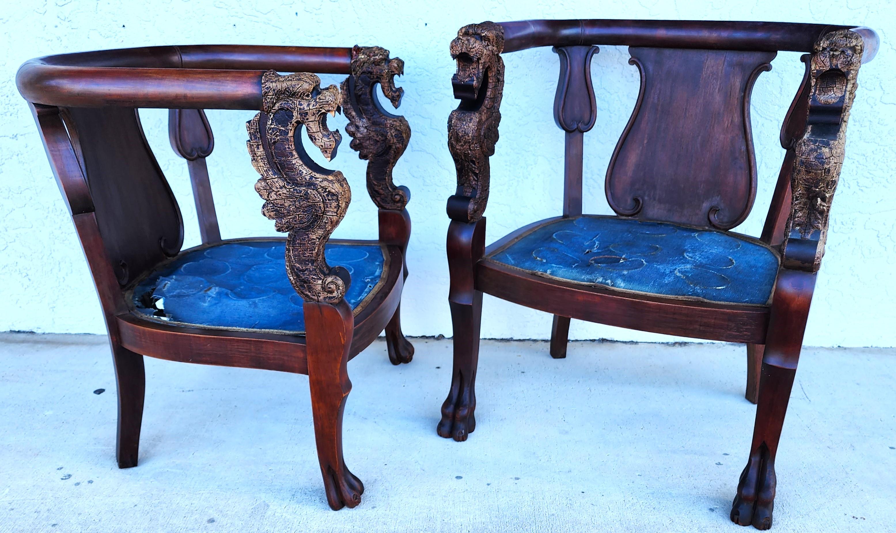 Antique Chinese Dragon Chairs Asian Pair In Good Condition For Sale In Lake Worth, FL