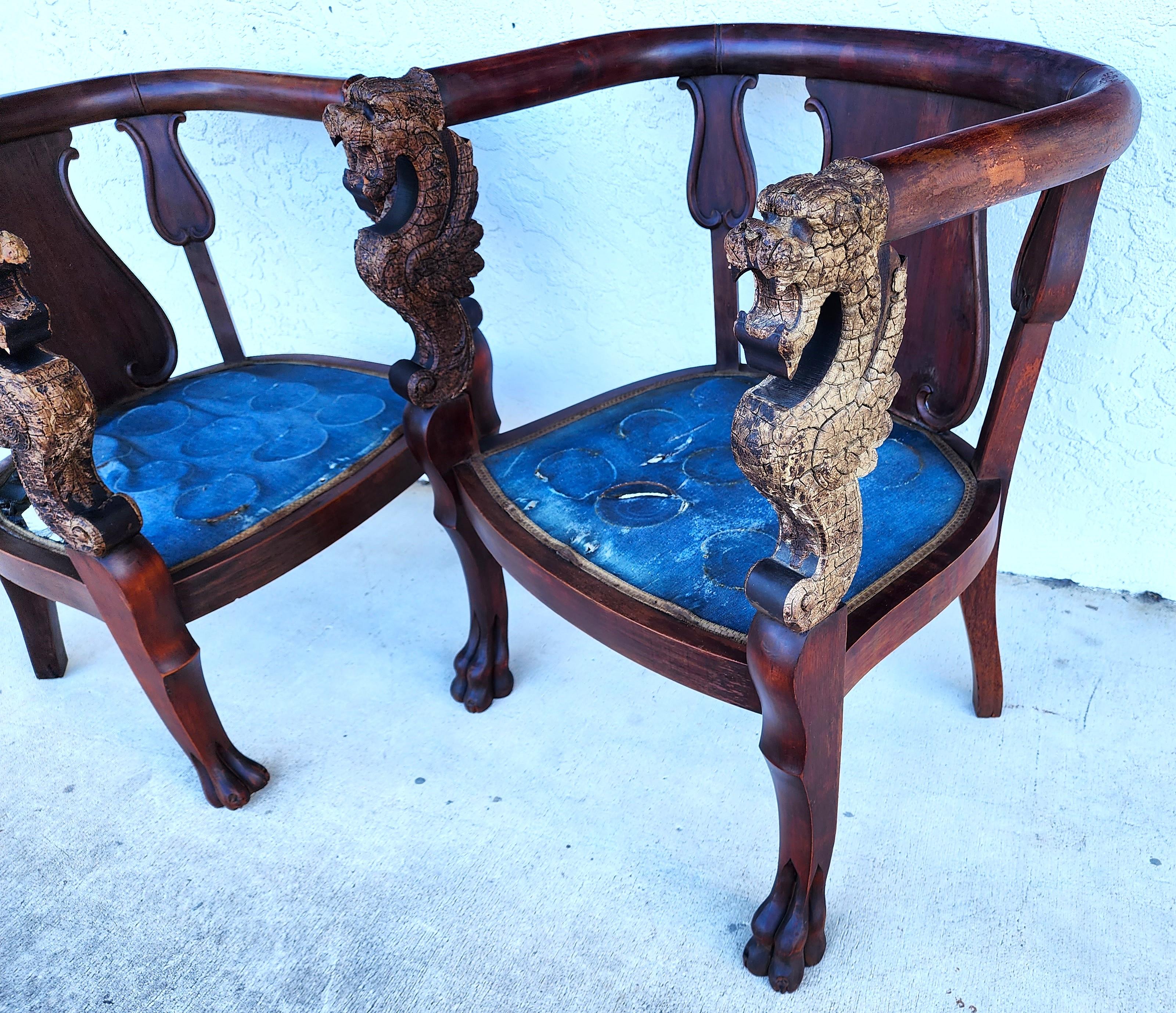 Mid-20th Century Antique Chinese Dragon Chairs Asian Pair For Sale