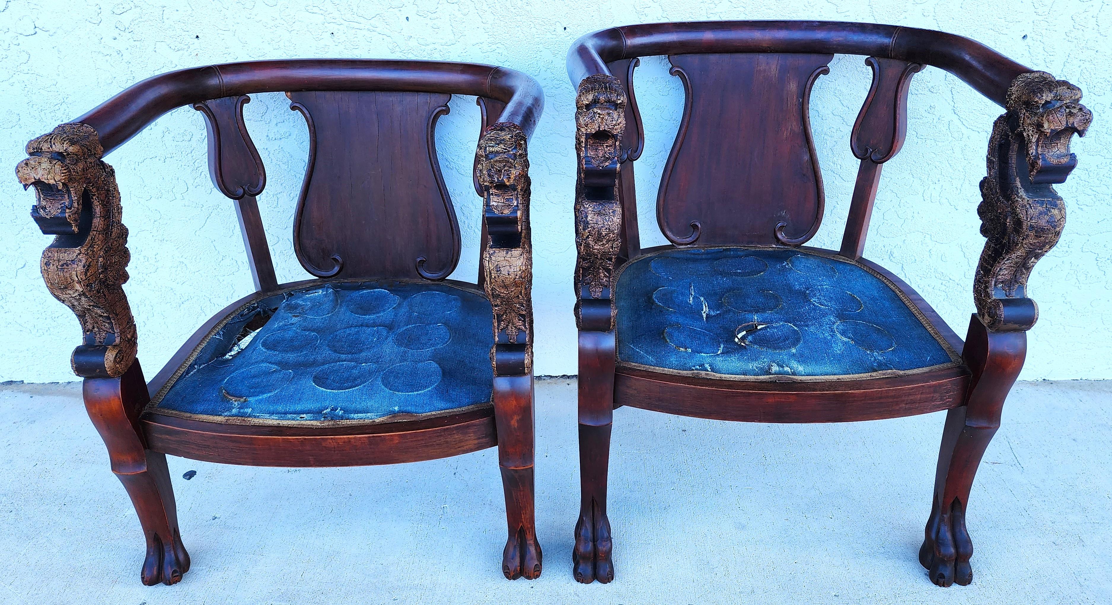 Mahogany Antique Chinese Dragon Chairs Asian Pair For Sale