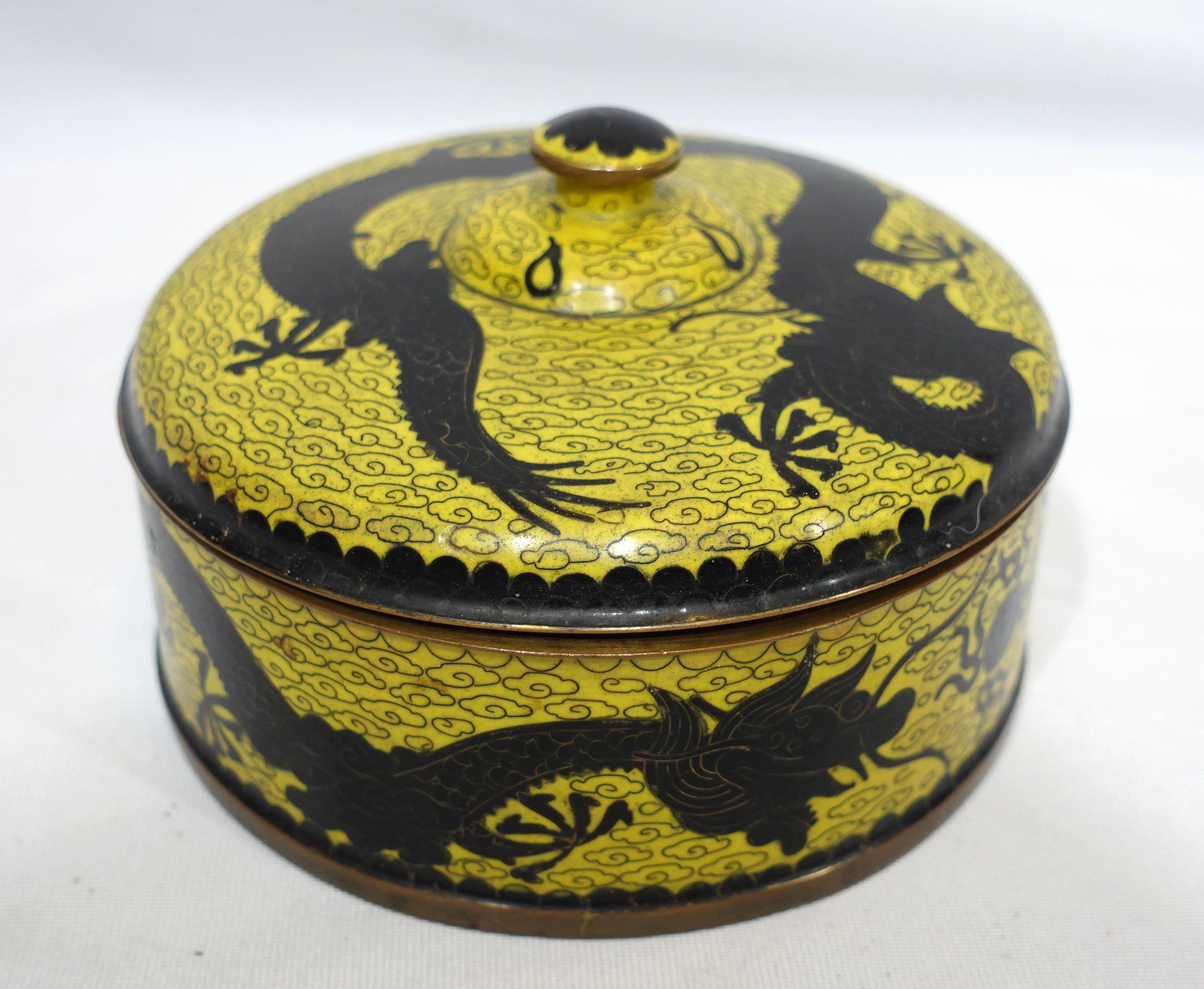 Chinese Export Antique Chinese Dragon Cloisonné Enamel Round Lidded Box 19th Century CO#02 For Sale