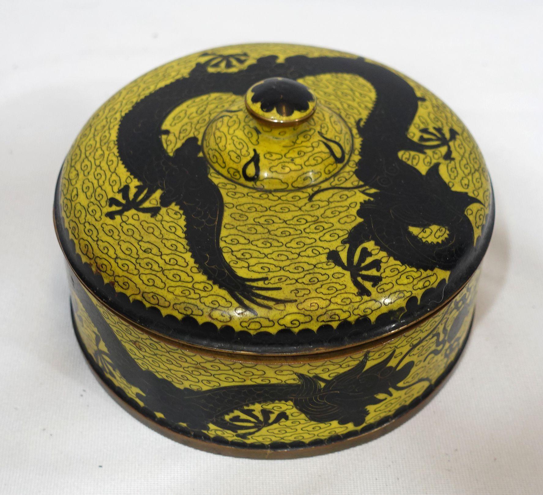 Cloissoné Antique Chinese Dragon Cloisonné Enamel Round Lidded Box 19th Century CO#02 For Sale