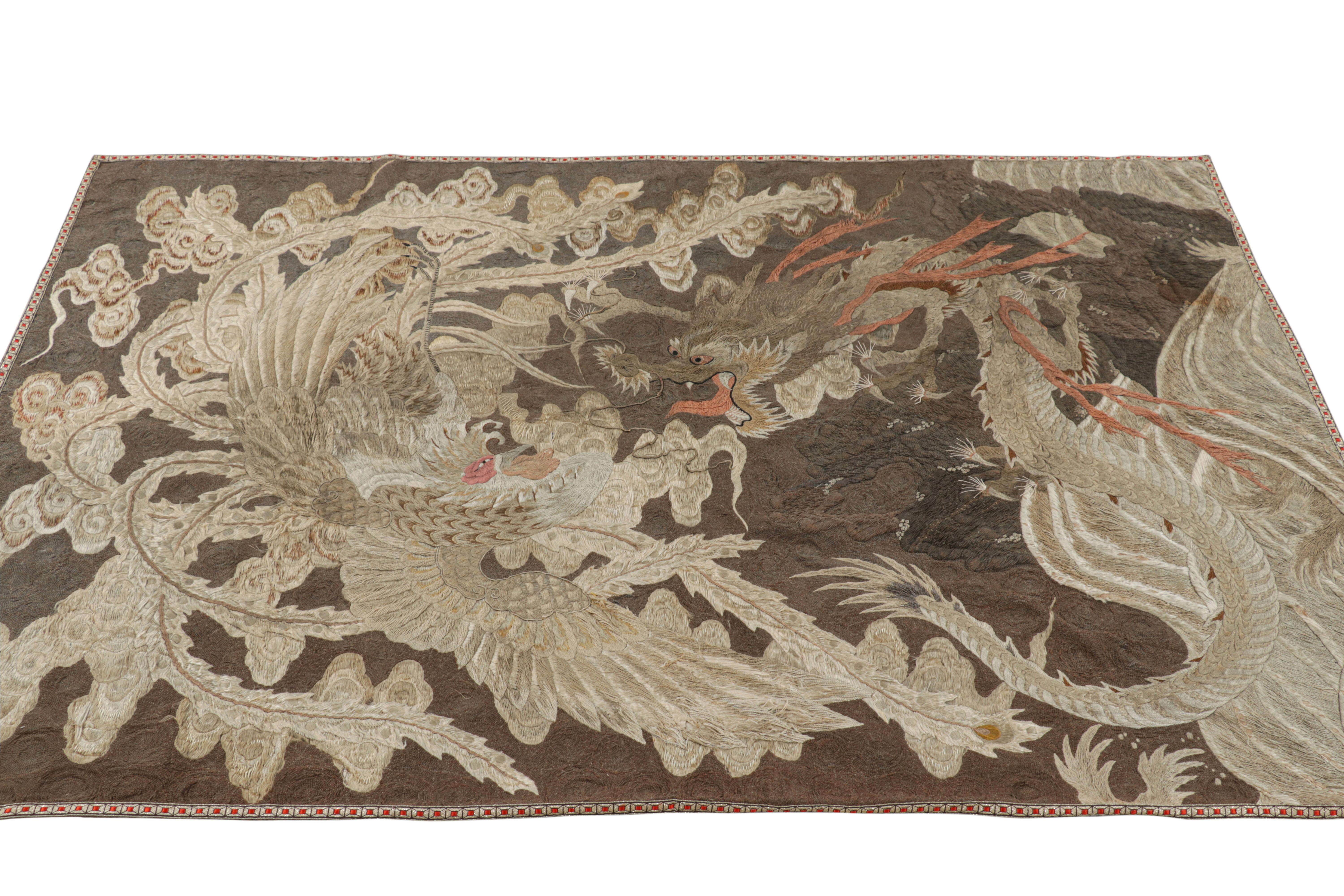 Antique Chinese Dragon & Phoenix Tapestry in Brown  Rug & Kilim In Good Condition For Sale In Long Island City, NY
