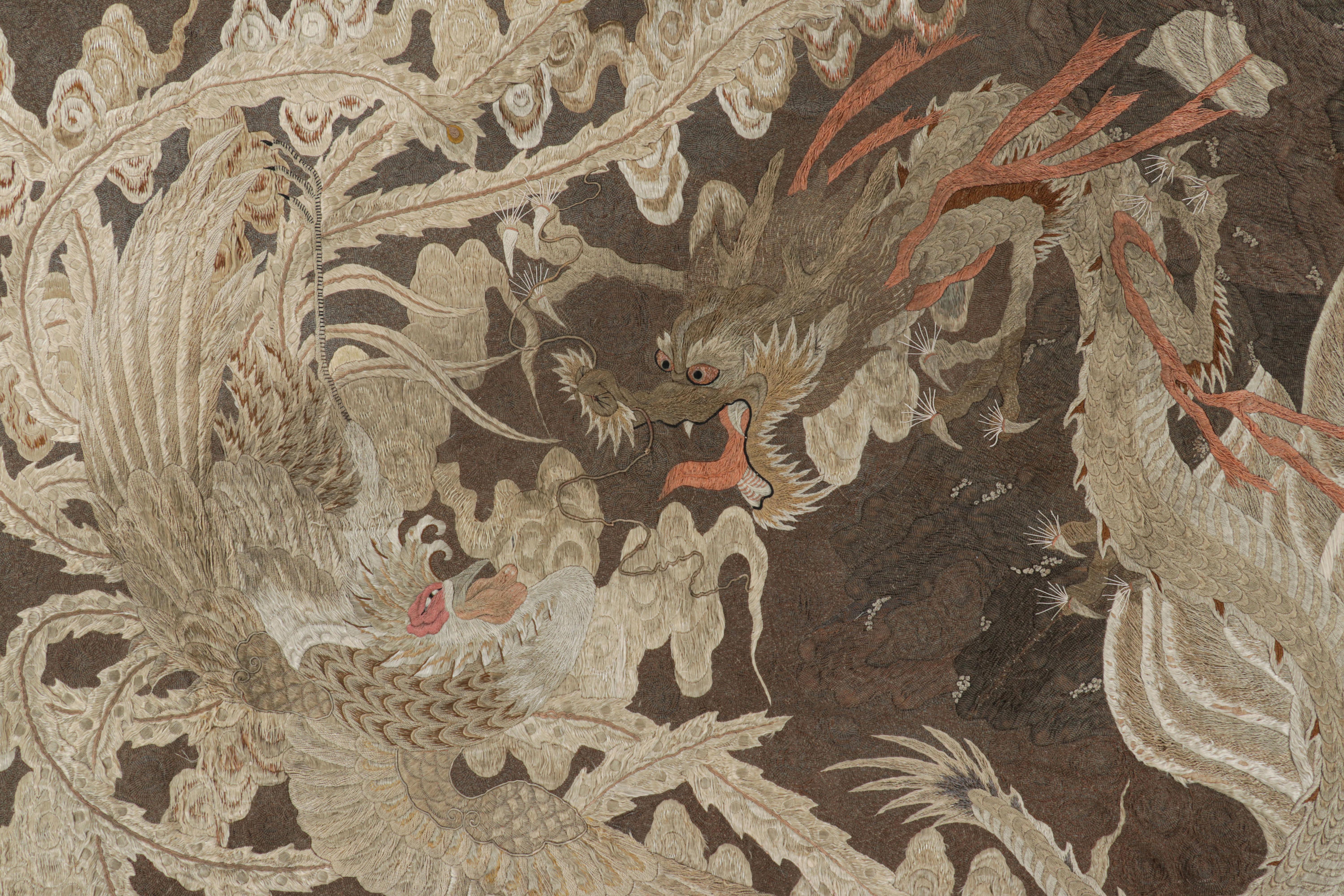 Wool Antique Chinese Dragon & Phoenix Tapestry in Brown  Rug & Kilim For Sale