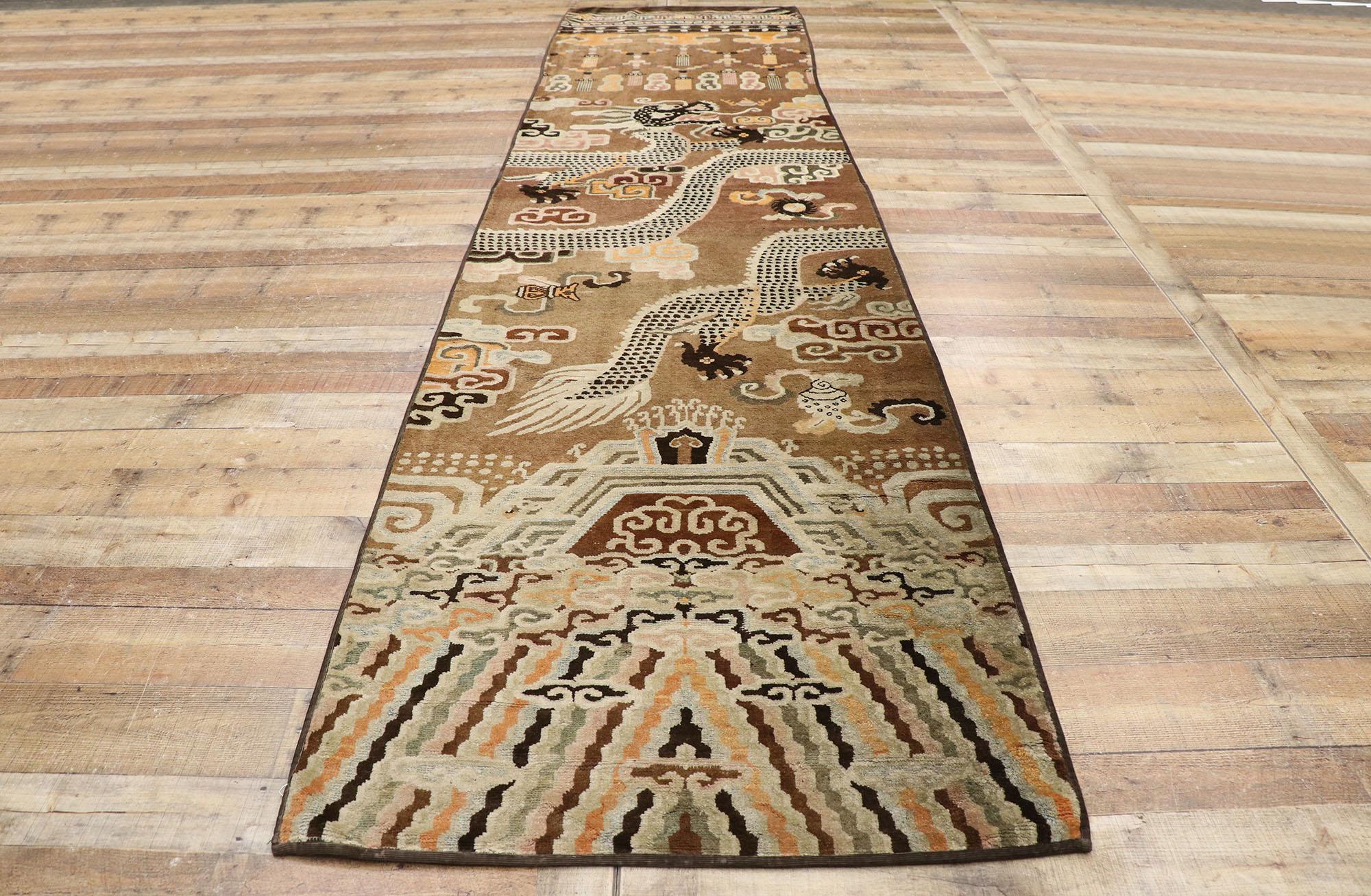 Wool Antique Chinese Ningxia Pillar Rug with Dragon Pictorial For Sale