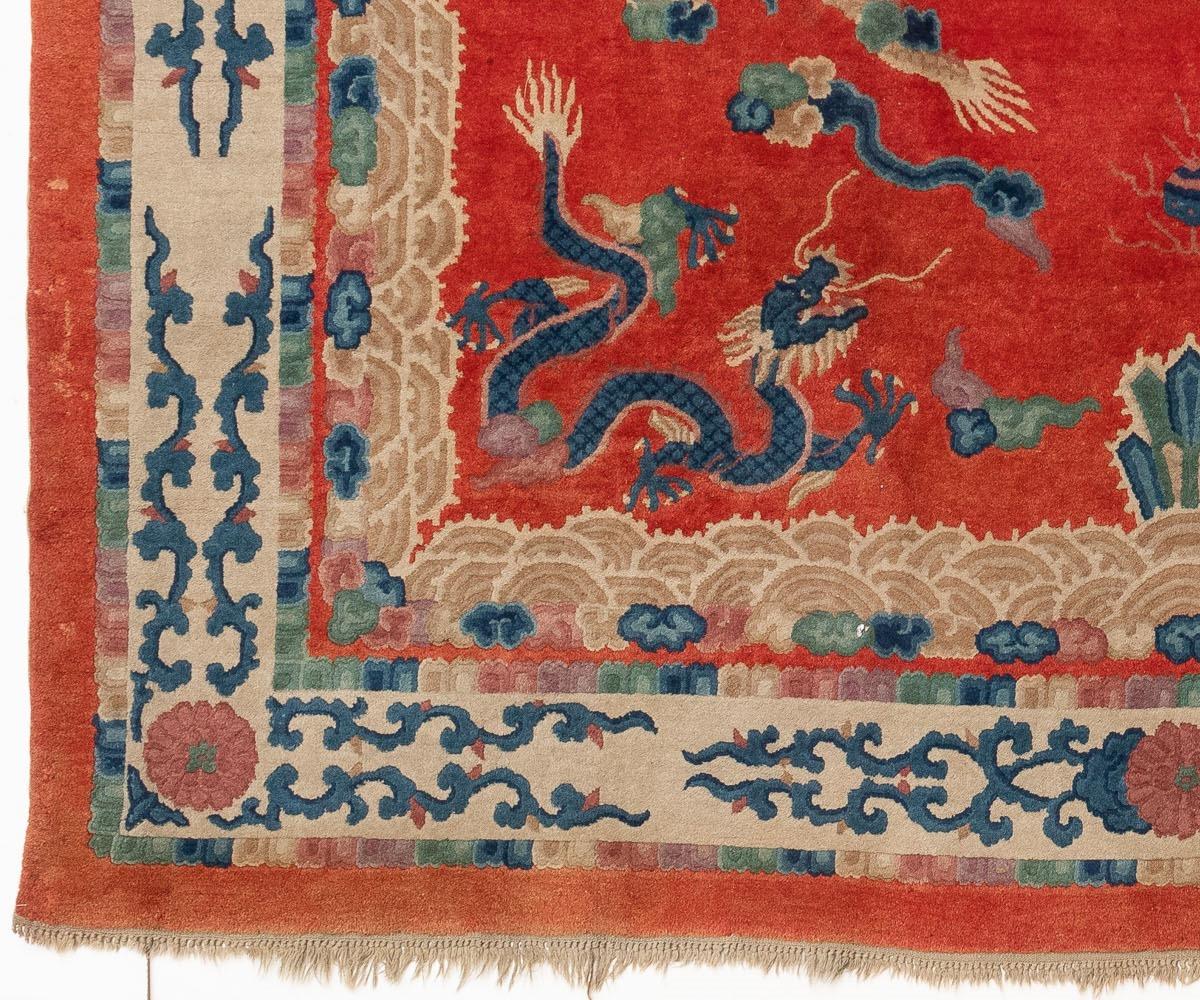 Early 20th Century Antique Chinese Dragon Rug Art Deco Red Wool Carpet with 9 Dragos For Sale