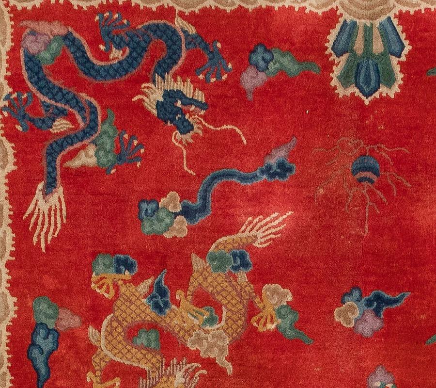 Antique Chinese Dragon Rug Art Deco Red Wool Carpet with 9 Dragos For Sale 2