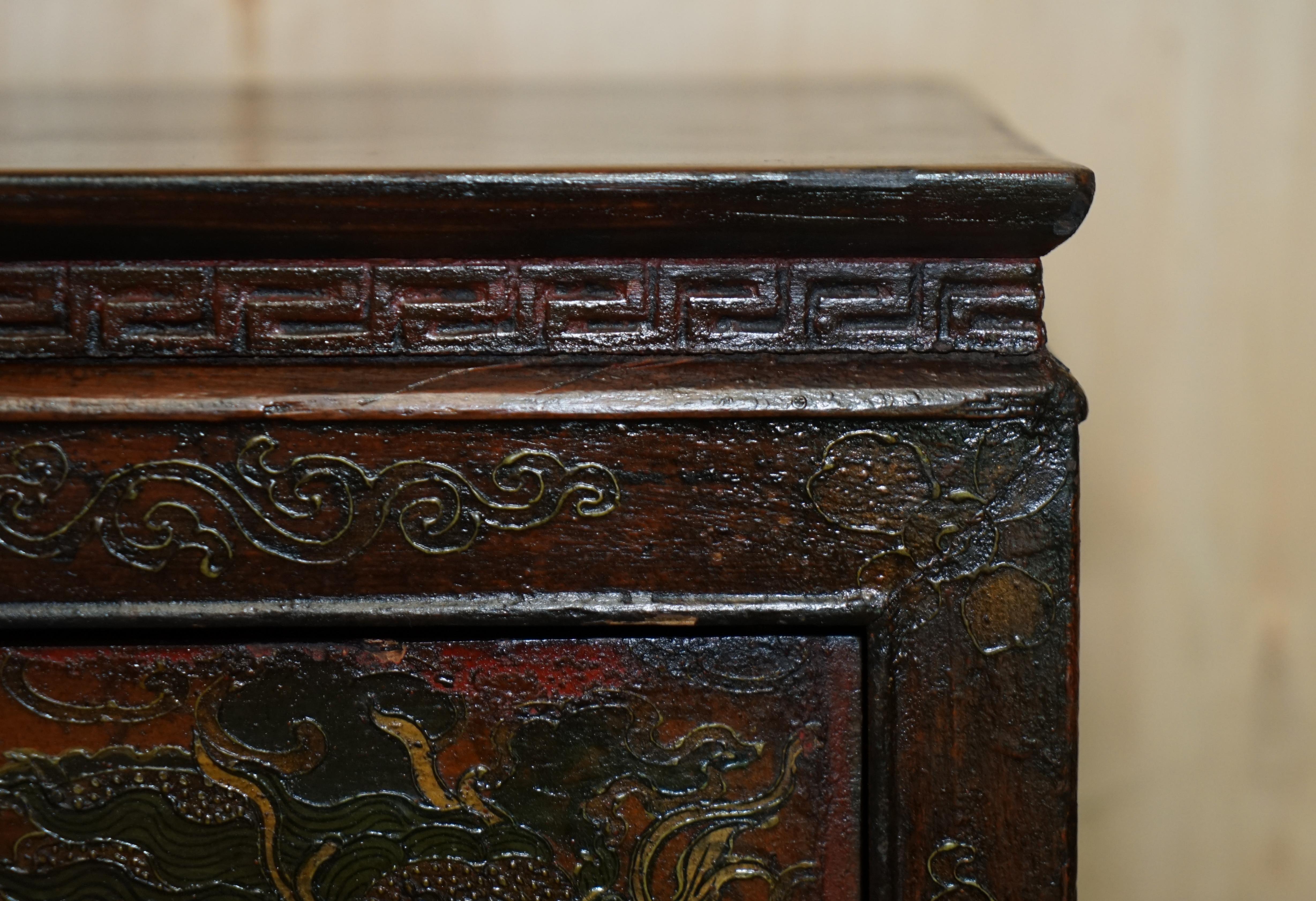 Antique Chinese Dragon Tibetan Polychrome Painted Small Sideboard Cupboard Table 3