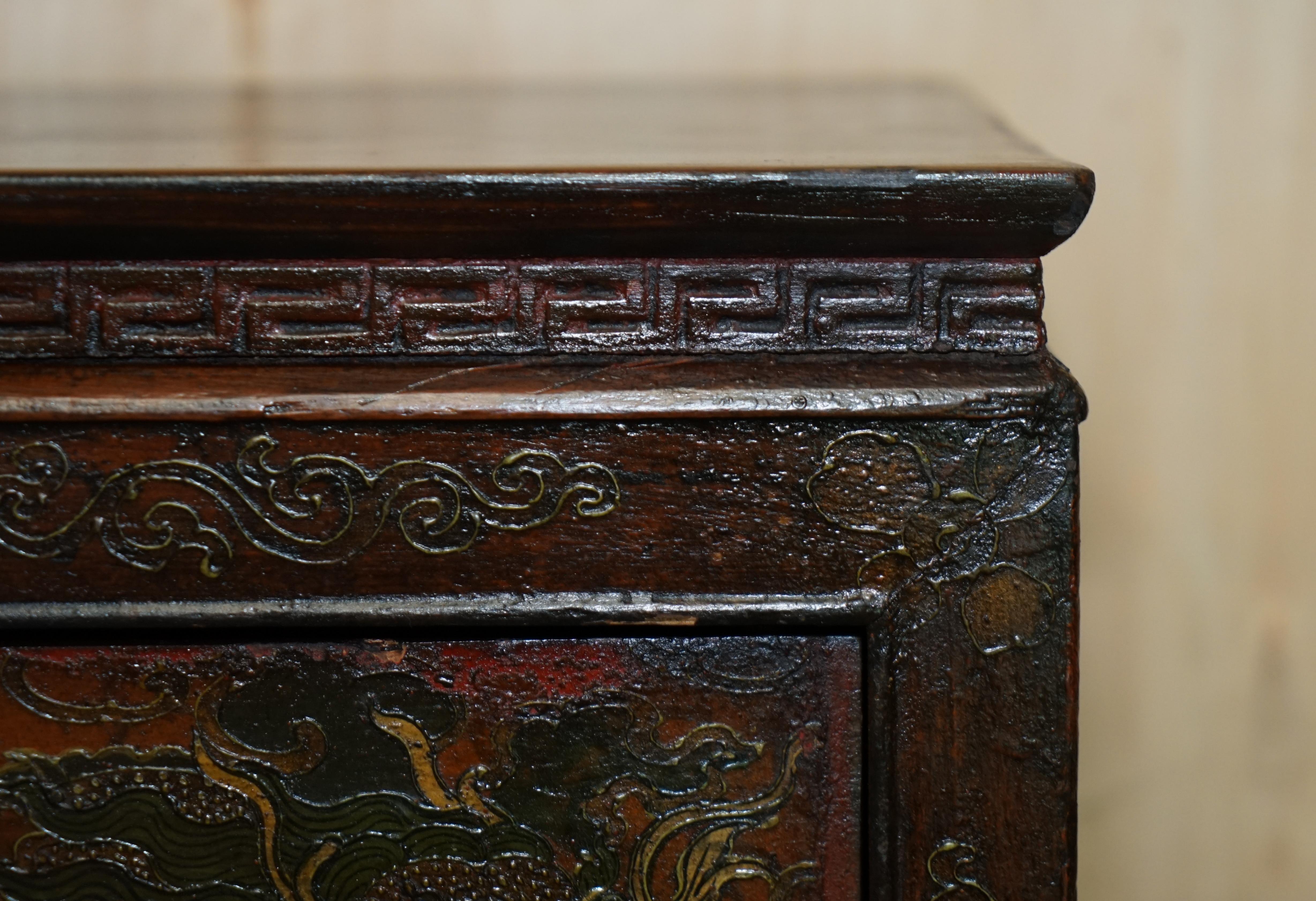 Antique Chinese Dragon Tibetan Polychrome Painted Small Sideboard Cupboard Table 4