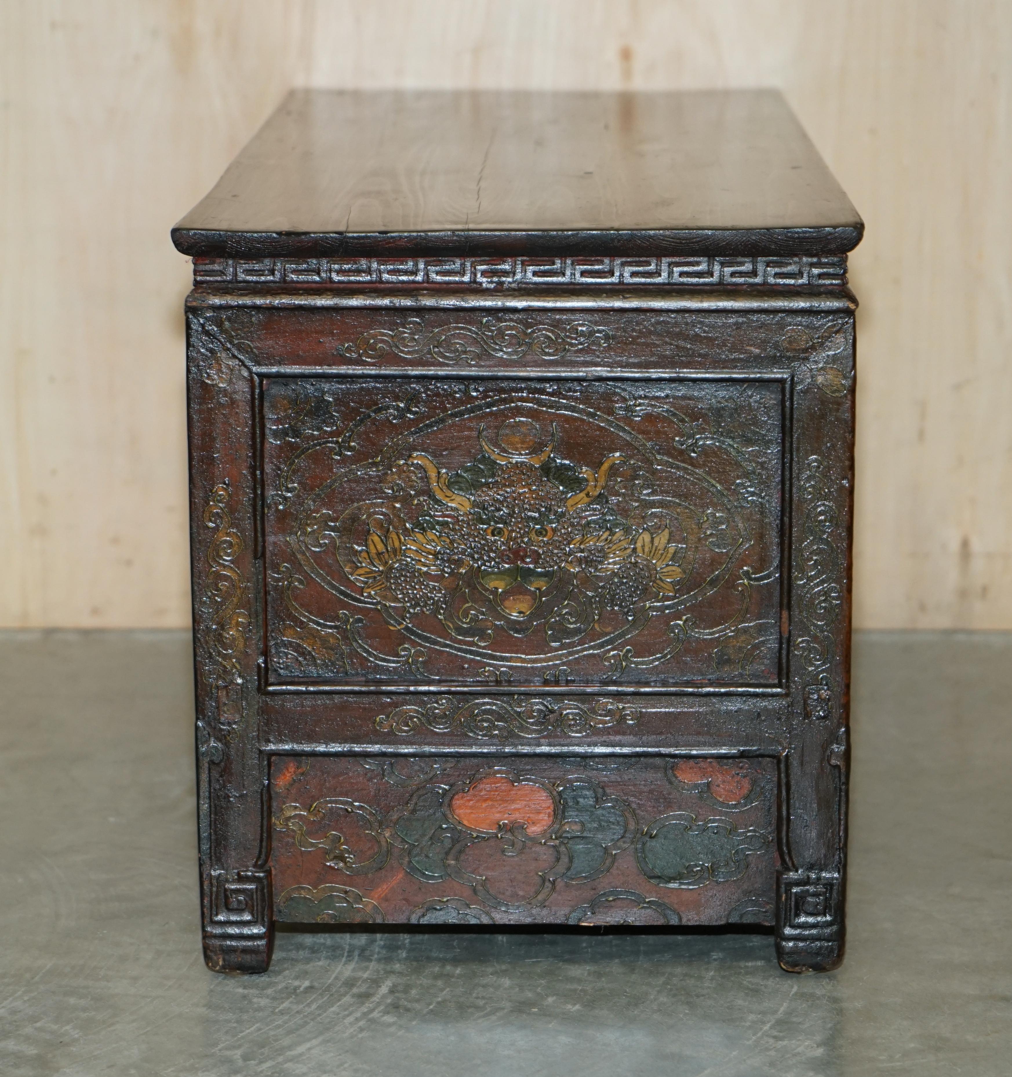 Antique Chinese Dragon Tibetan Polychrome Painted Small Sideboard Cupboard Table 7