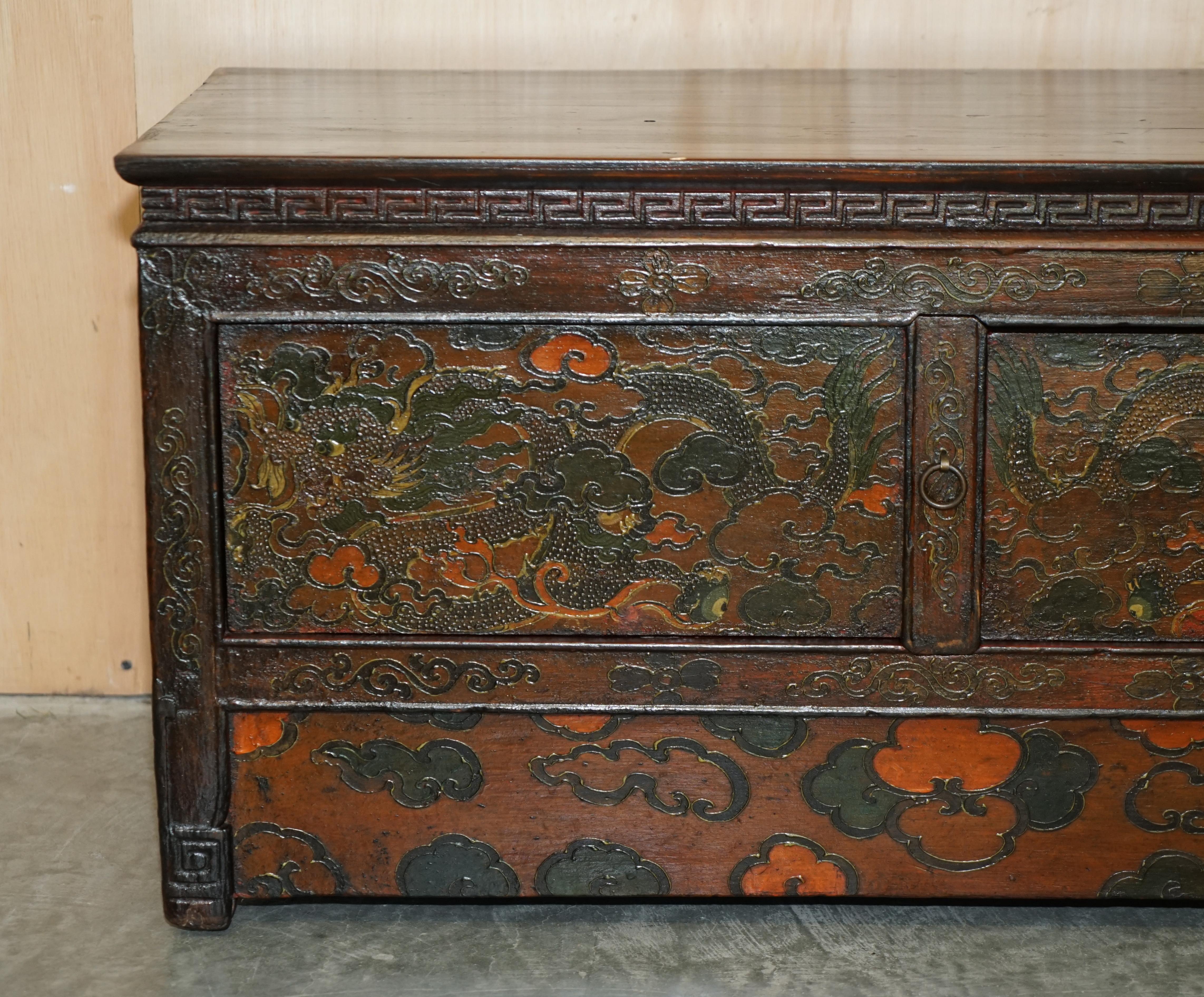 Chinese Export Antique Chinese Dragon Tibetan Polychrome Painted Small Sideboard Cupboard Table