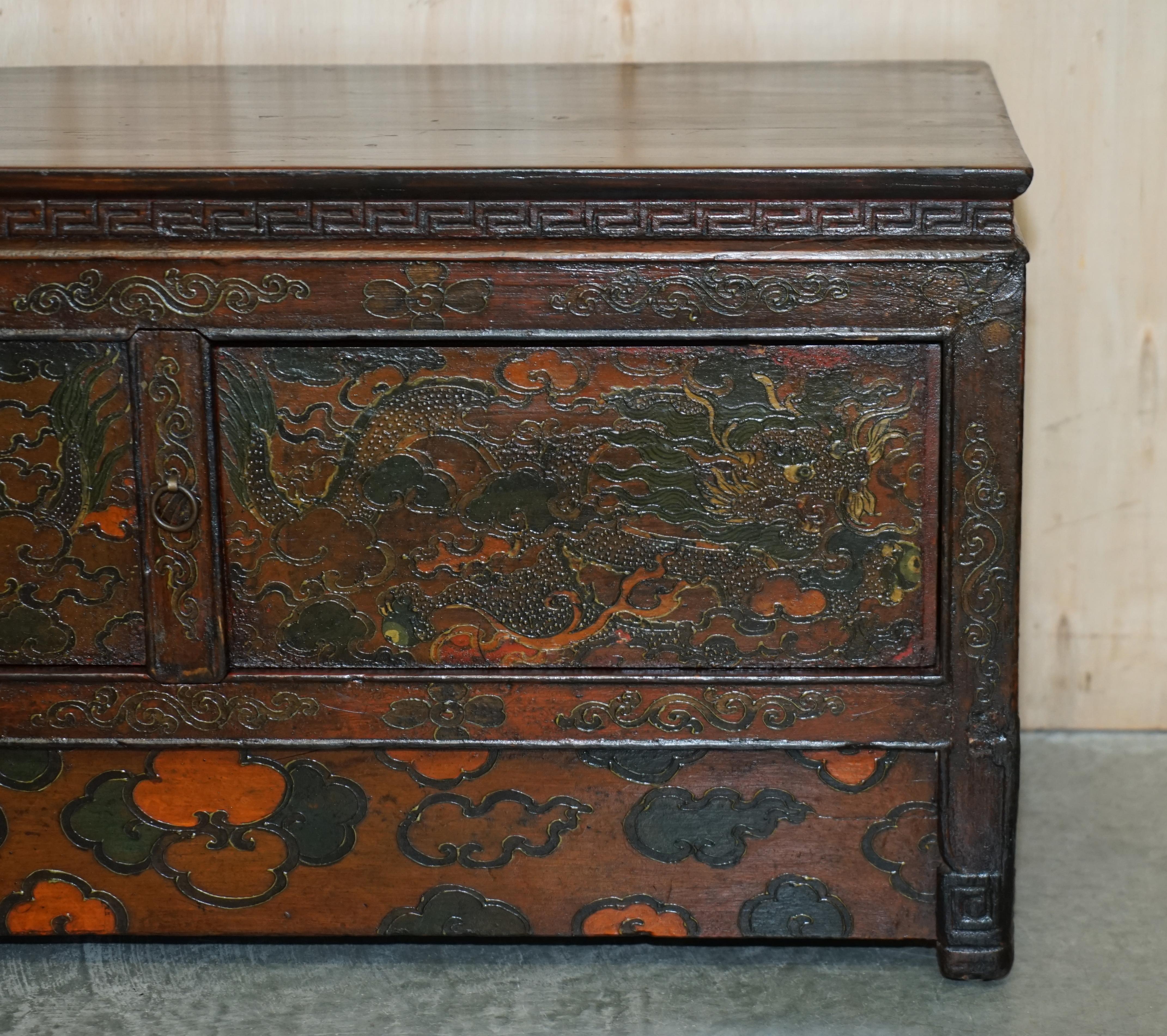 Polychromed Antique Chinese Dragon Tibetan Polychrome Painted Small Sideboard Cupboard Table