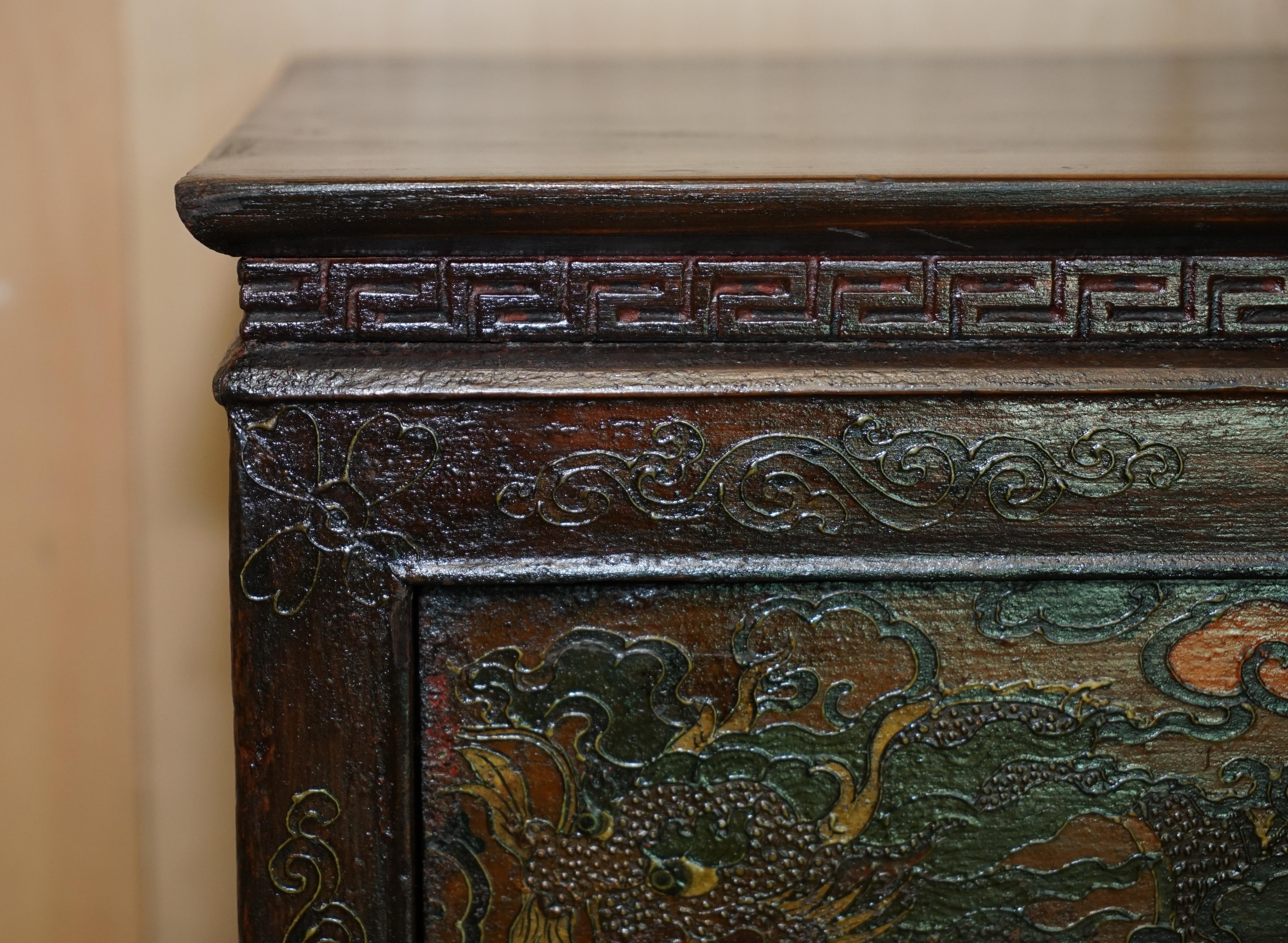 19th Century Antique Chinese Dragon Tibetan Polychrome Painted Small Sideboard Cupboard Table