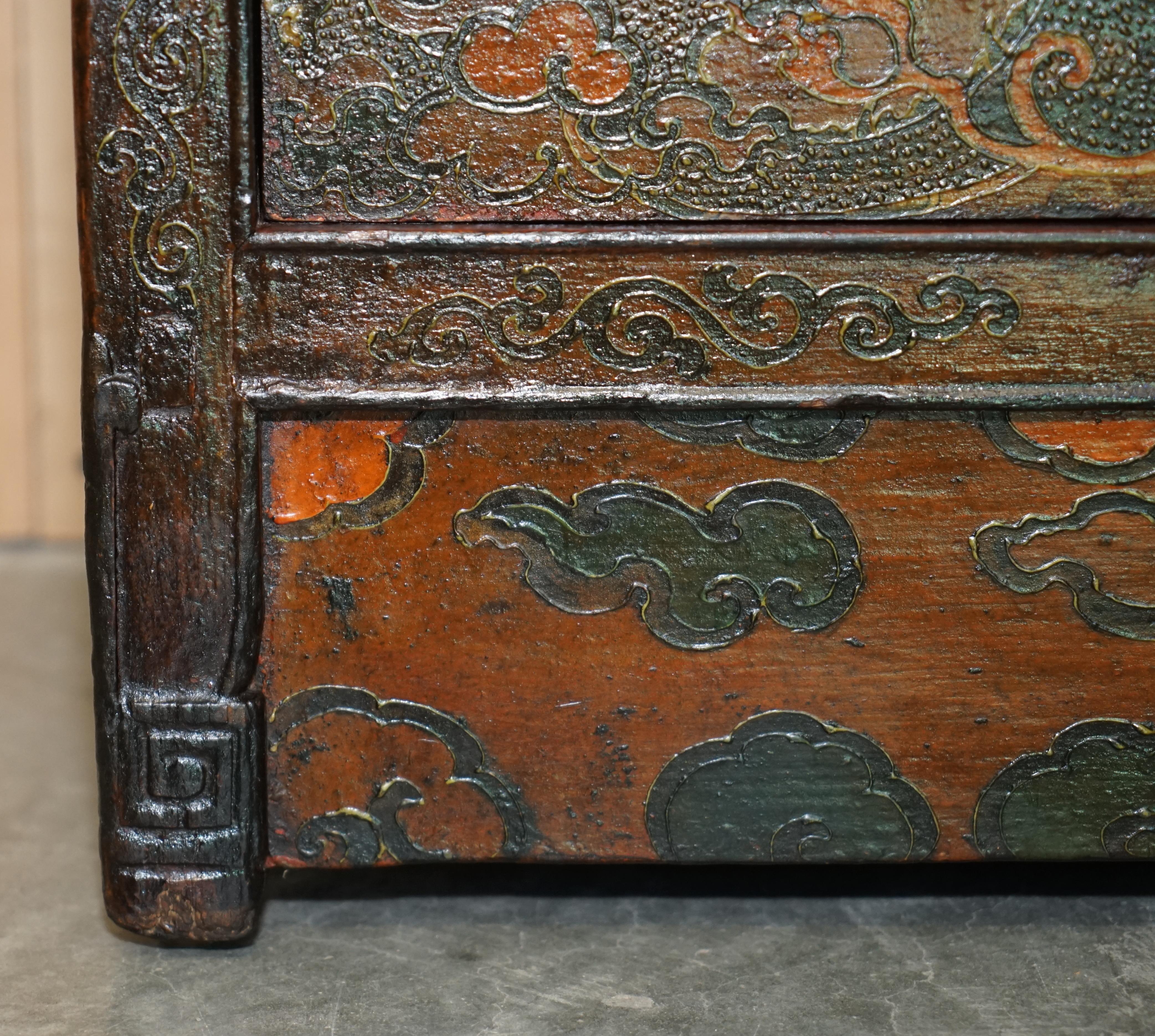 Wood Antique Chinese Dragon Tibetan Polychrome Painted Small Sideboard Cupboard Table