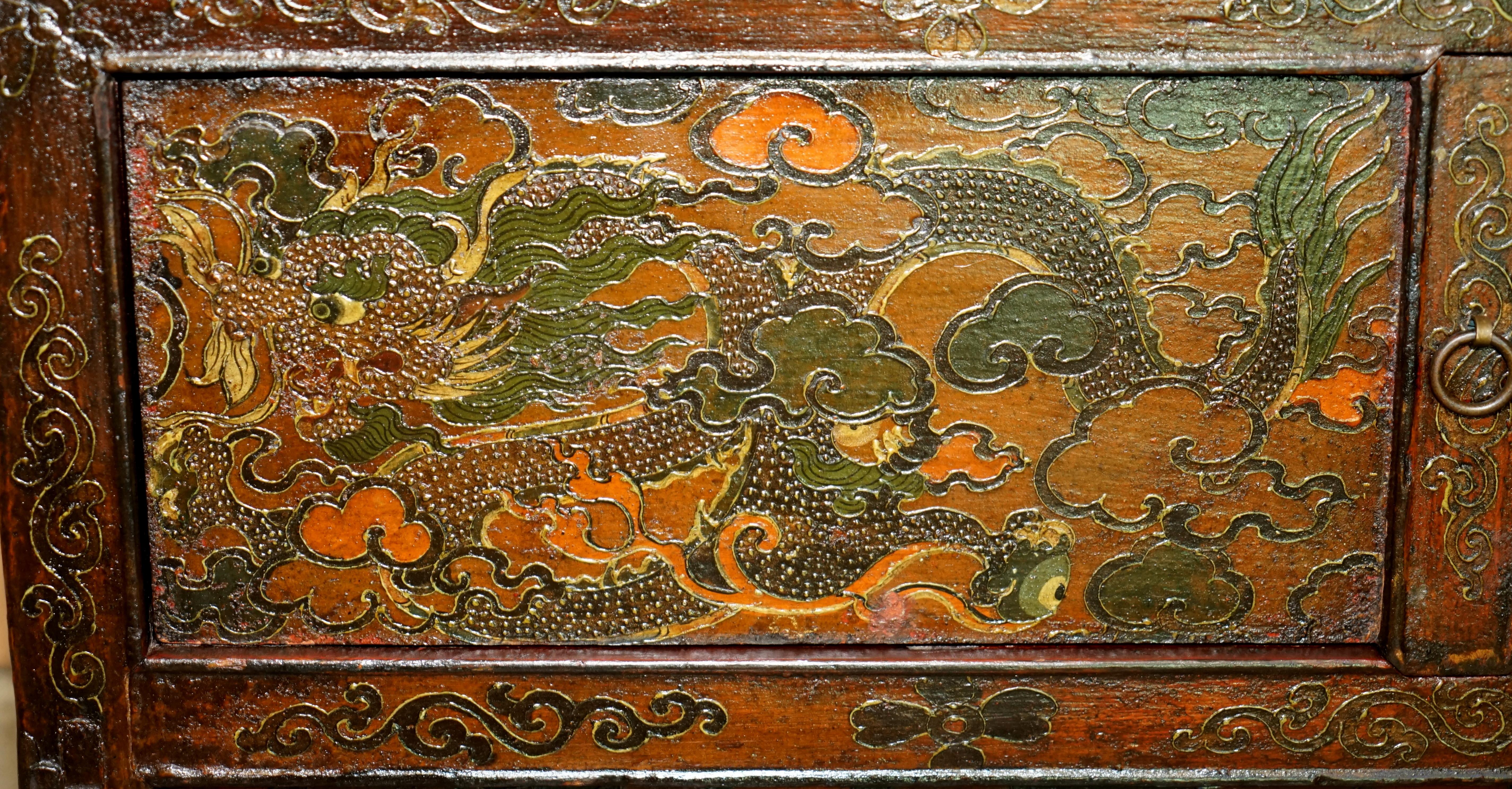 Antique Chinese Dragon Tibetan Polychrome Painted Small Sideboard Cupboard Table 1