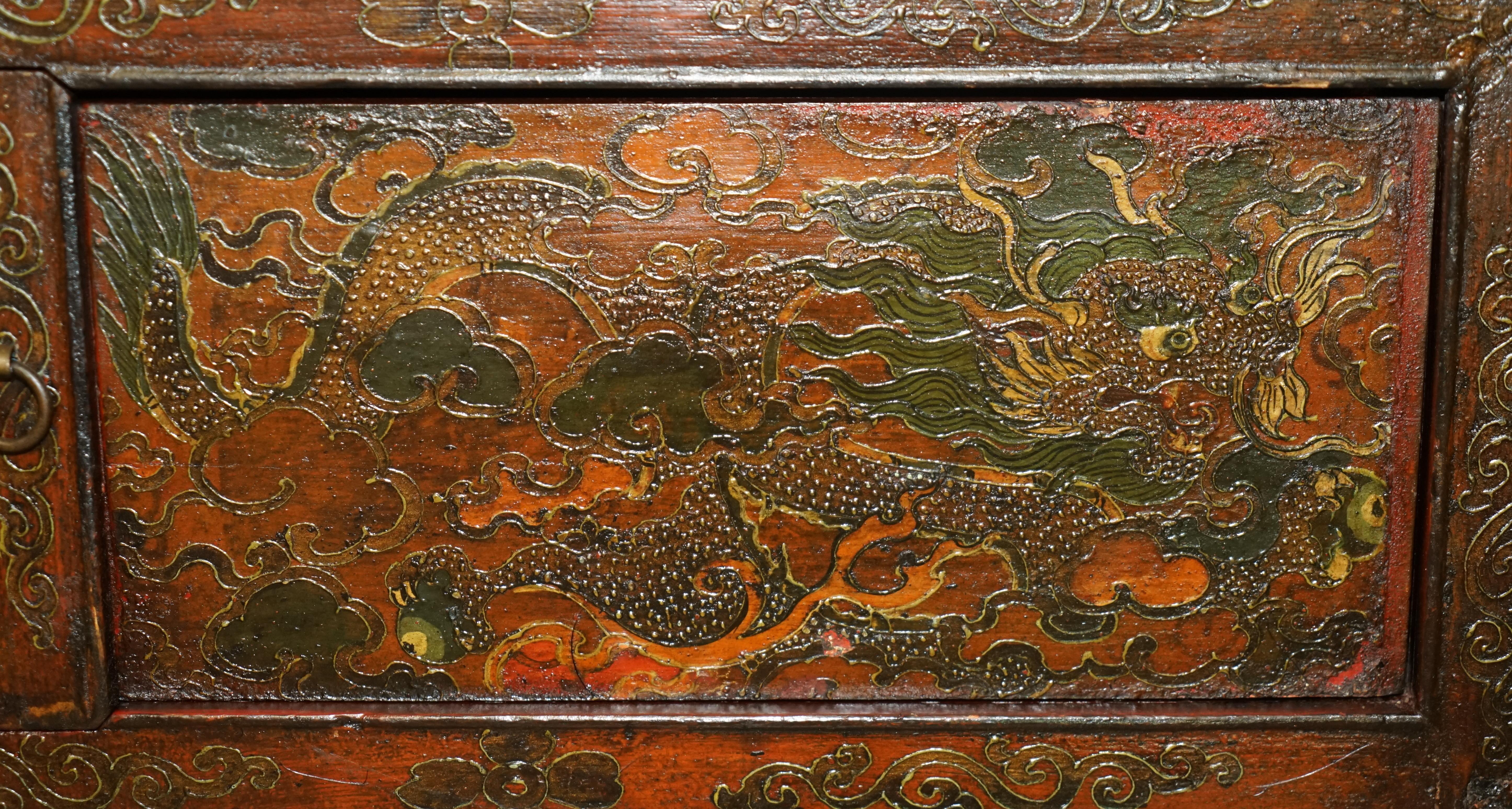 Antique Chinese Dragon Tibetan Polychrome Painted Small Sideboard Cupboard Table 3