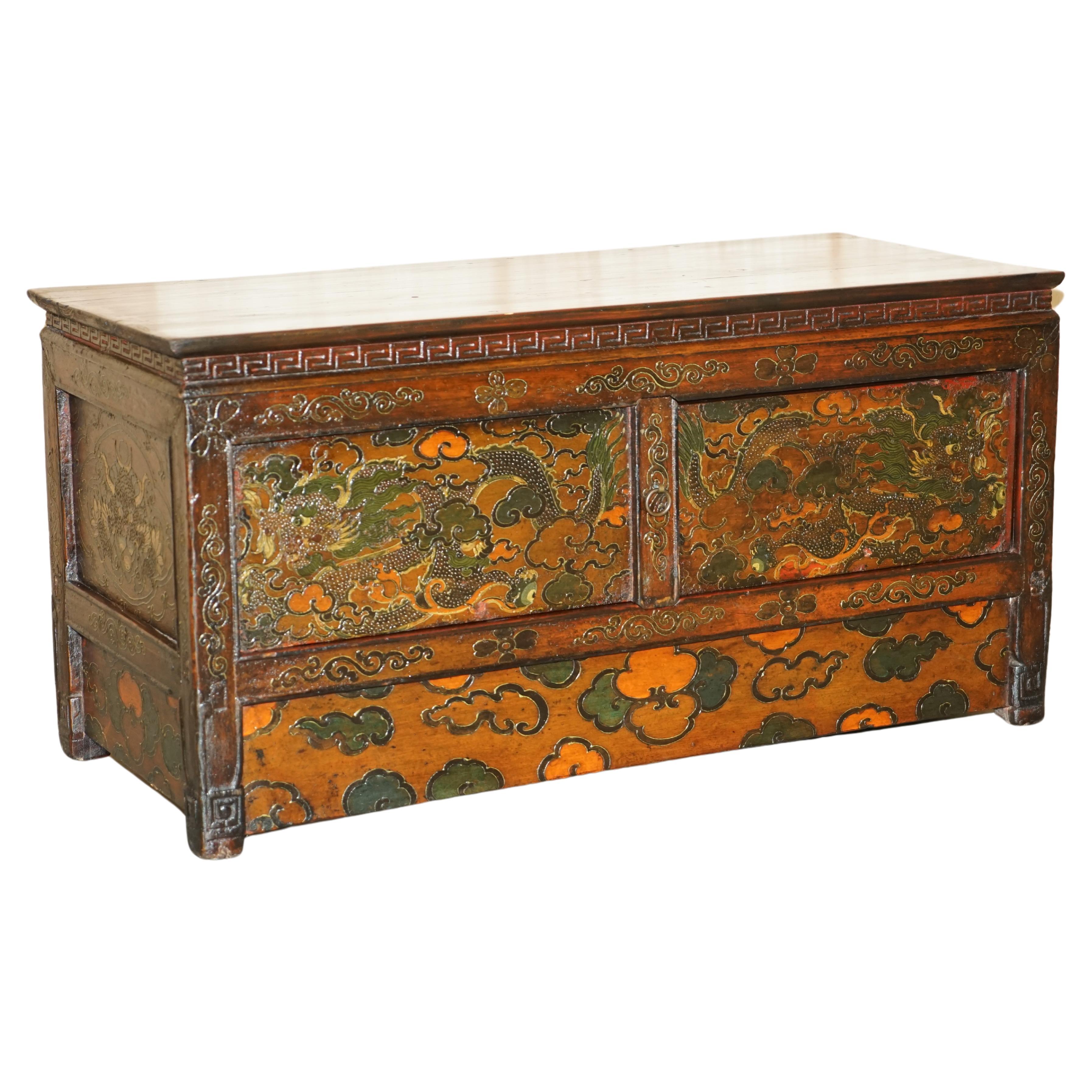 Antique Chinese Dragon Tibetan Polychrome Painted Small Sideboard Cupboard Table