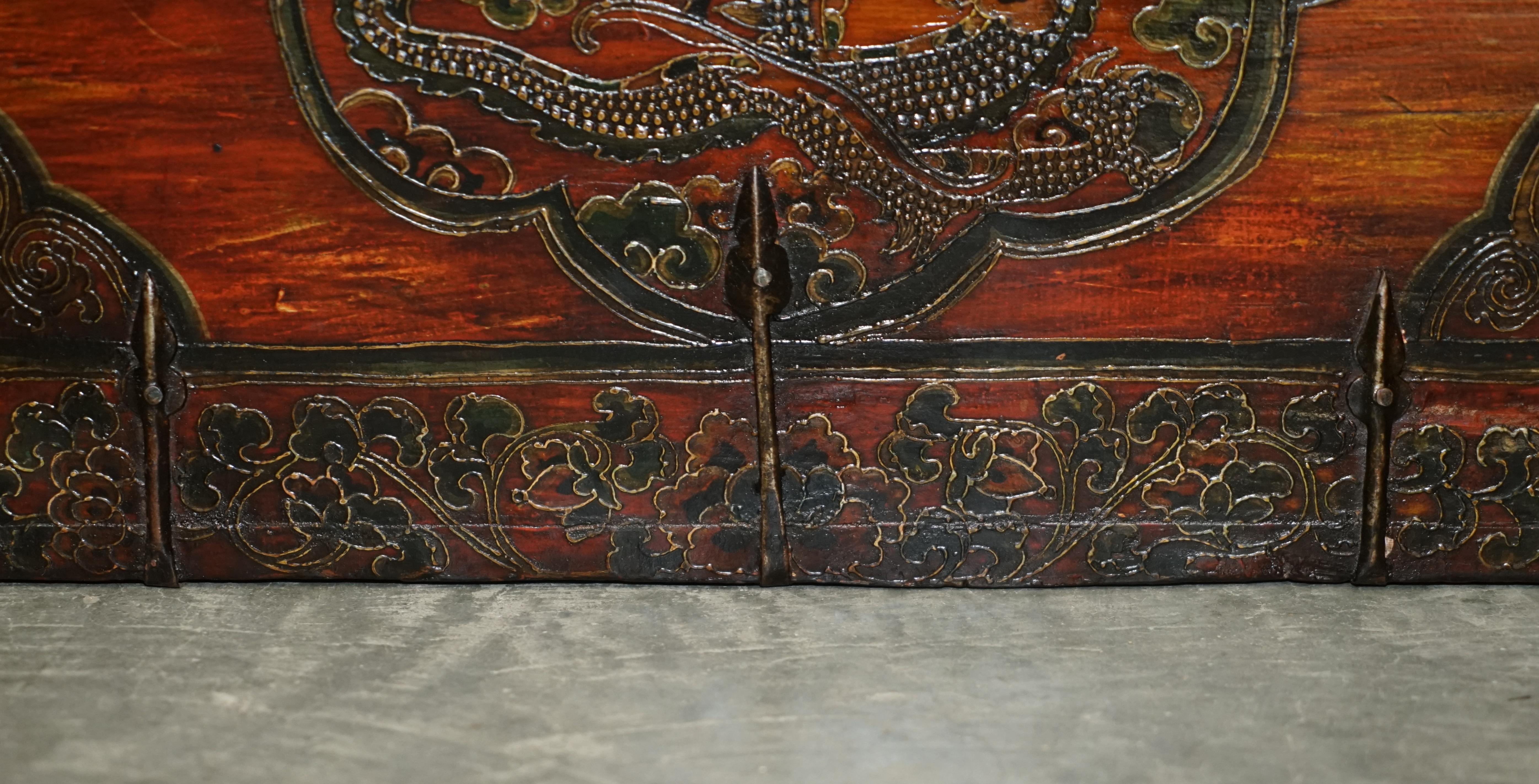 Antique Chinese Dragon Tibetan Polychrome Painted Trunk Linen Chest Coffer For Sale 3