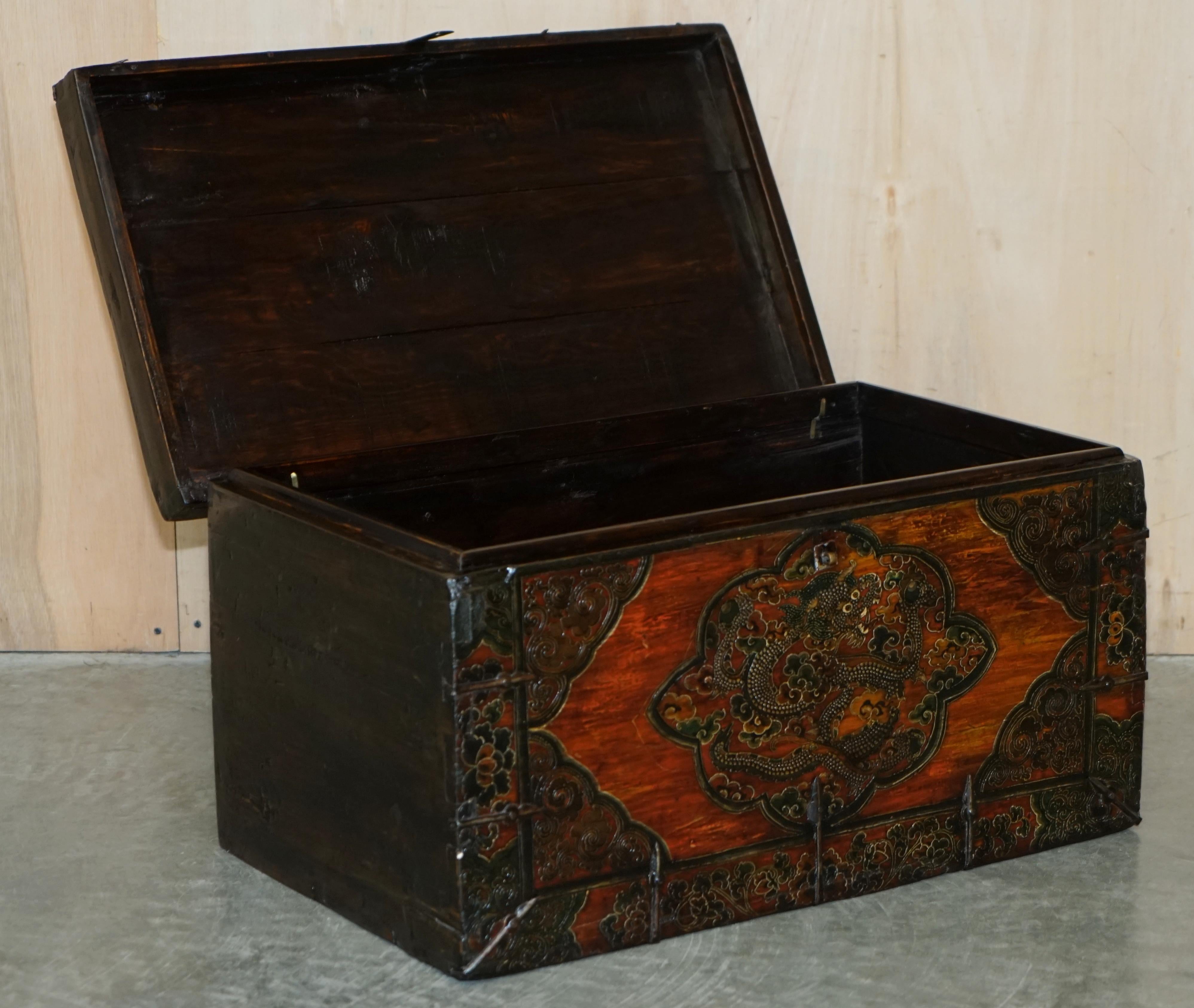 Antique Chinese Dragon Tibetan Polychrome Painted Trunk Linen Chest Coffer For Sale 8