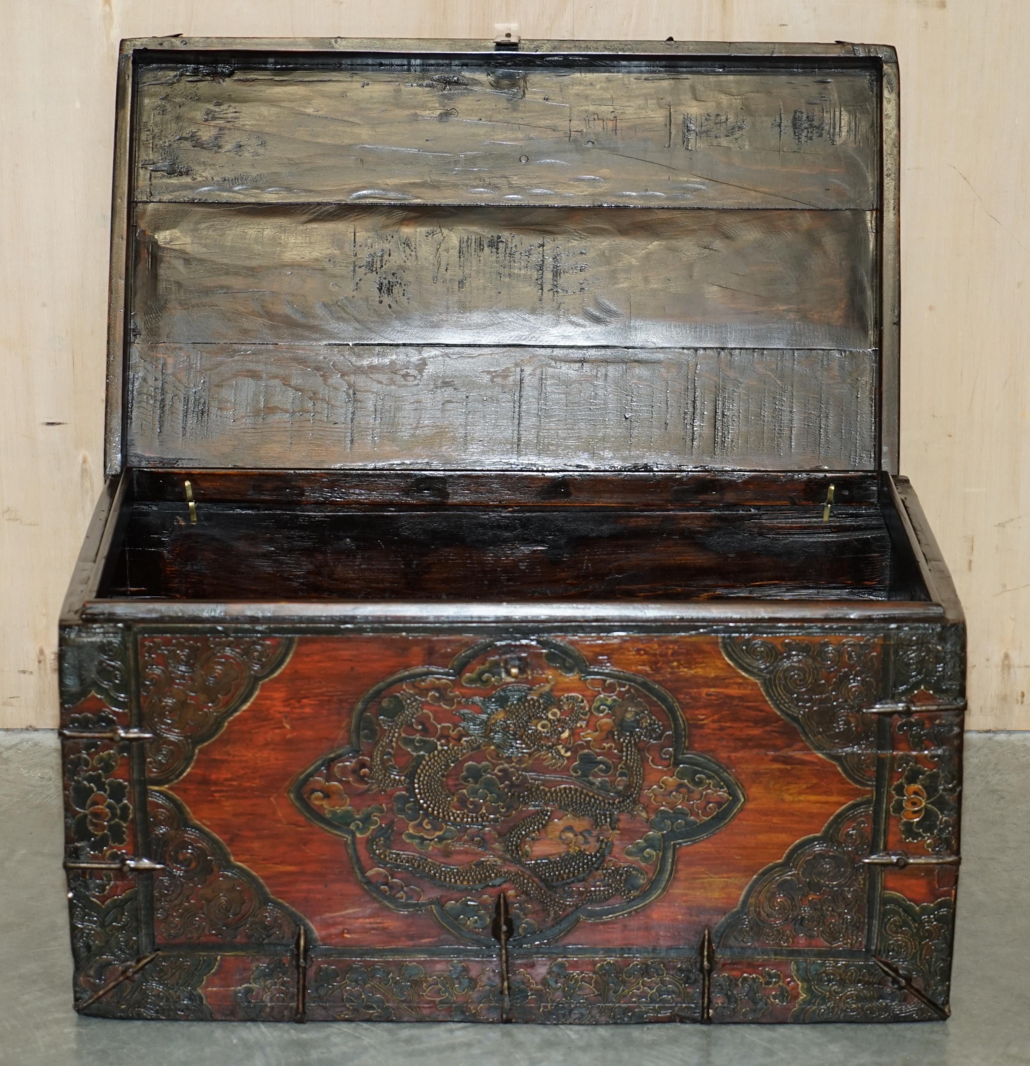 Antique Chinese Dragon Tibetan Polychrome Painted Trunk Linen Chest Coffer For Sale 9