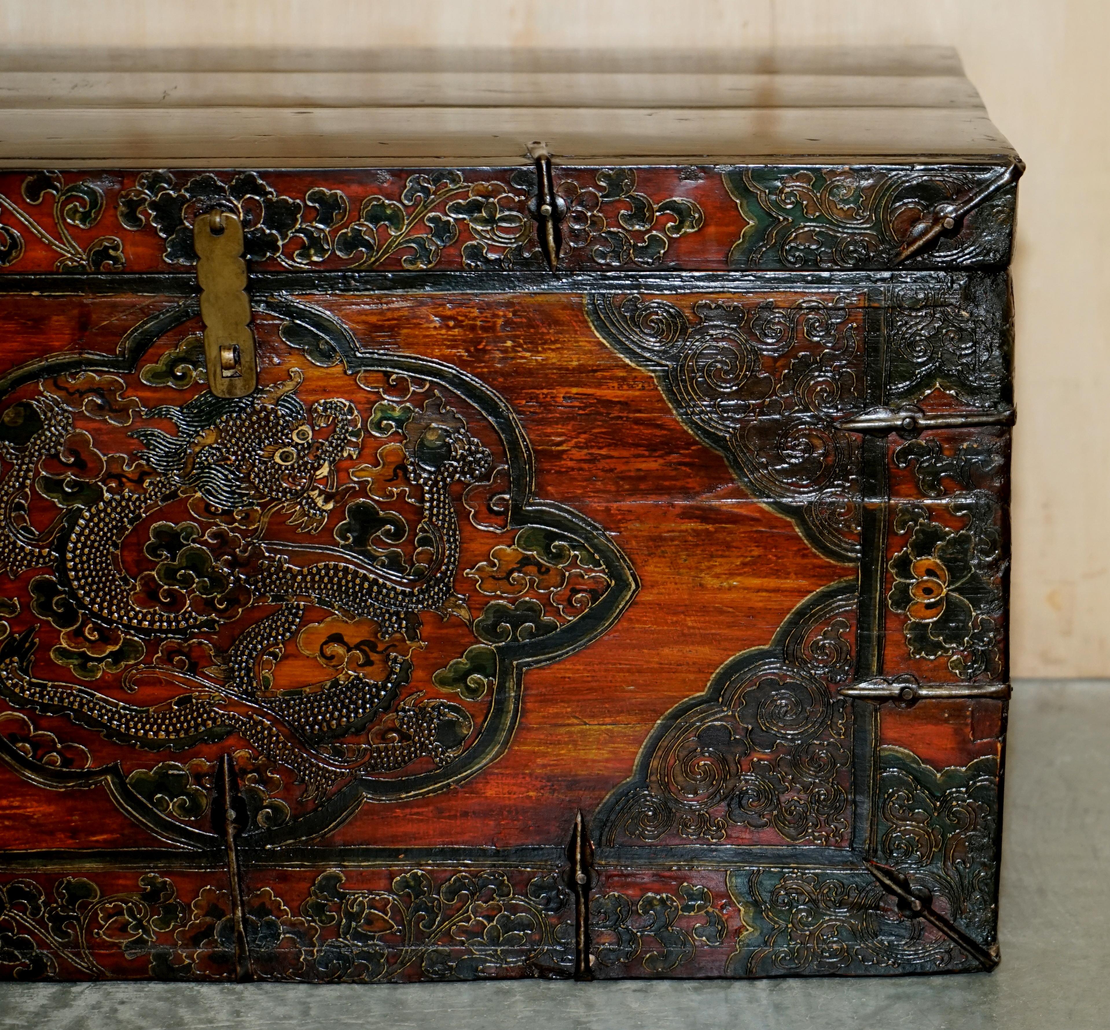 Chinese Export Antique Chinese Dragon Tibetan Polychrome Painted Trunk Linen Chest Coffer For Sale