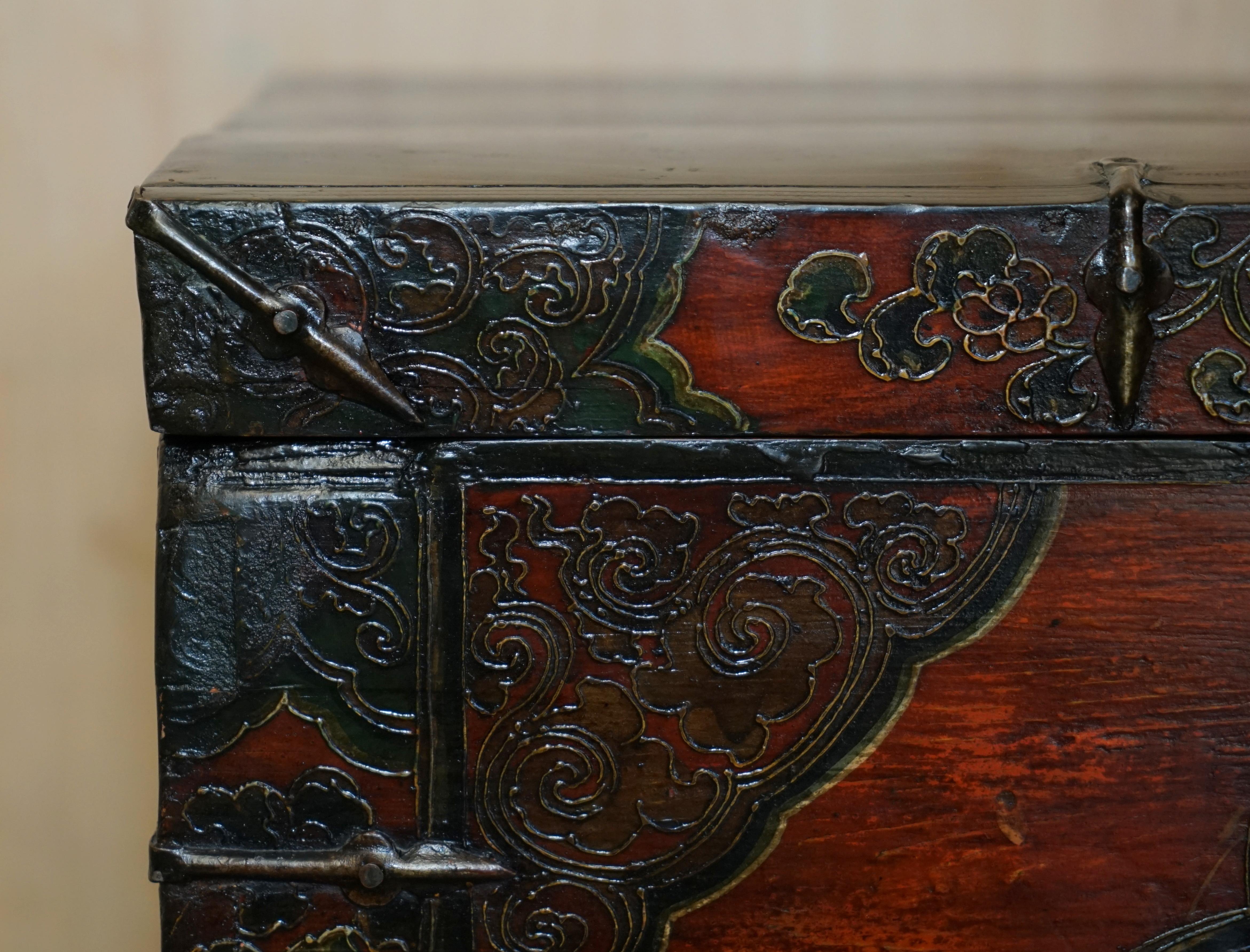 Polychromed Antique Chinese Dragon Tibetan Polychrome Painted Trunk Linen Chest Coffer For Sale