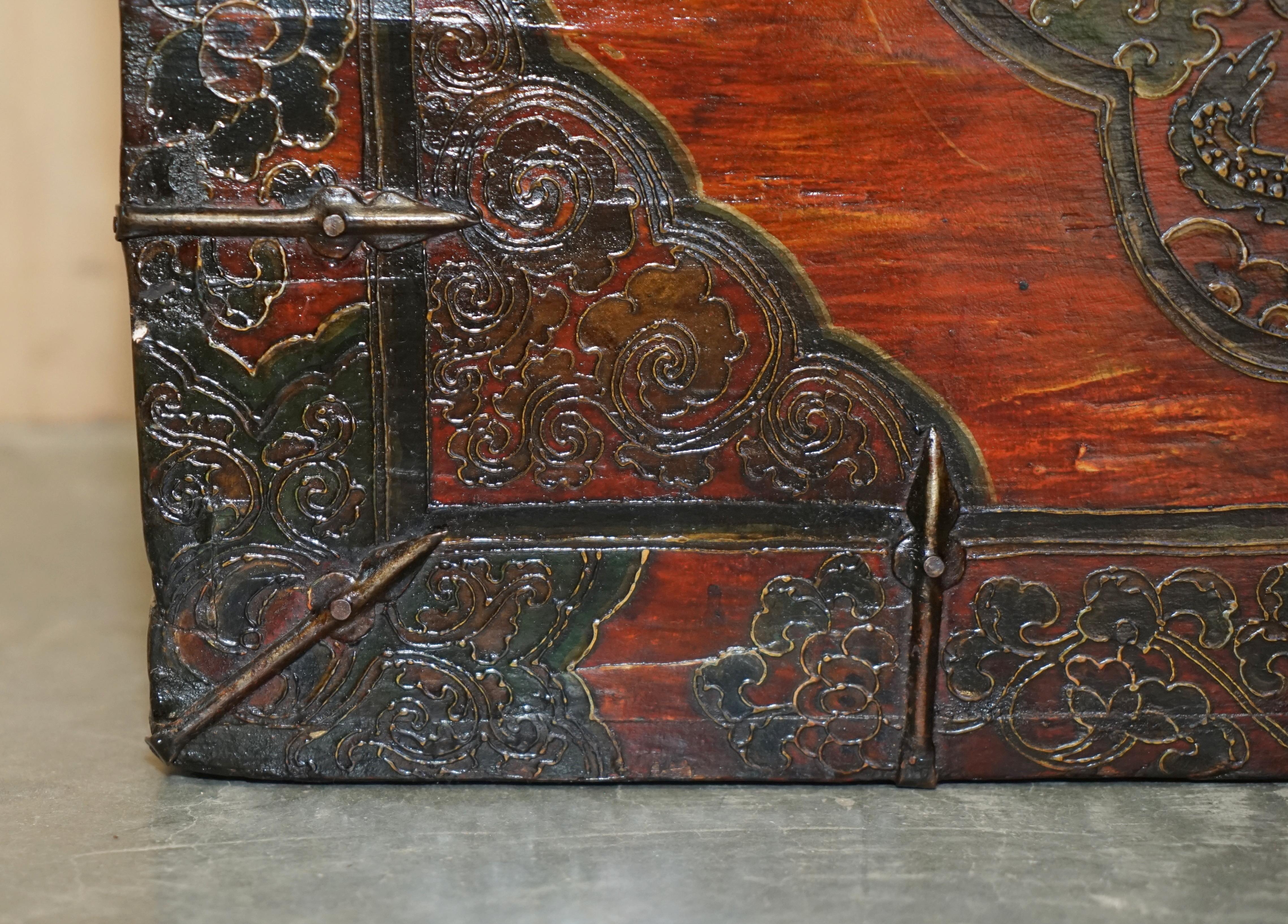 Wood Antique Chinese Dragon Tibetan Polychrome Painted Trunk Linen Chest Coffer For Sale