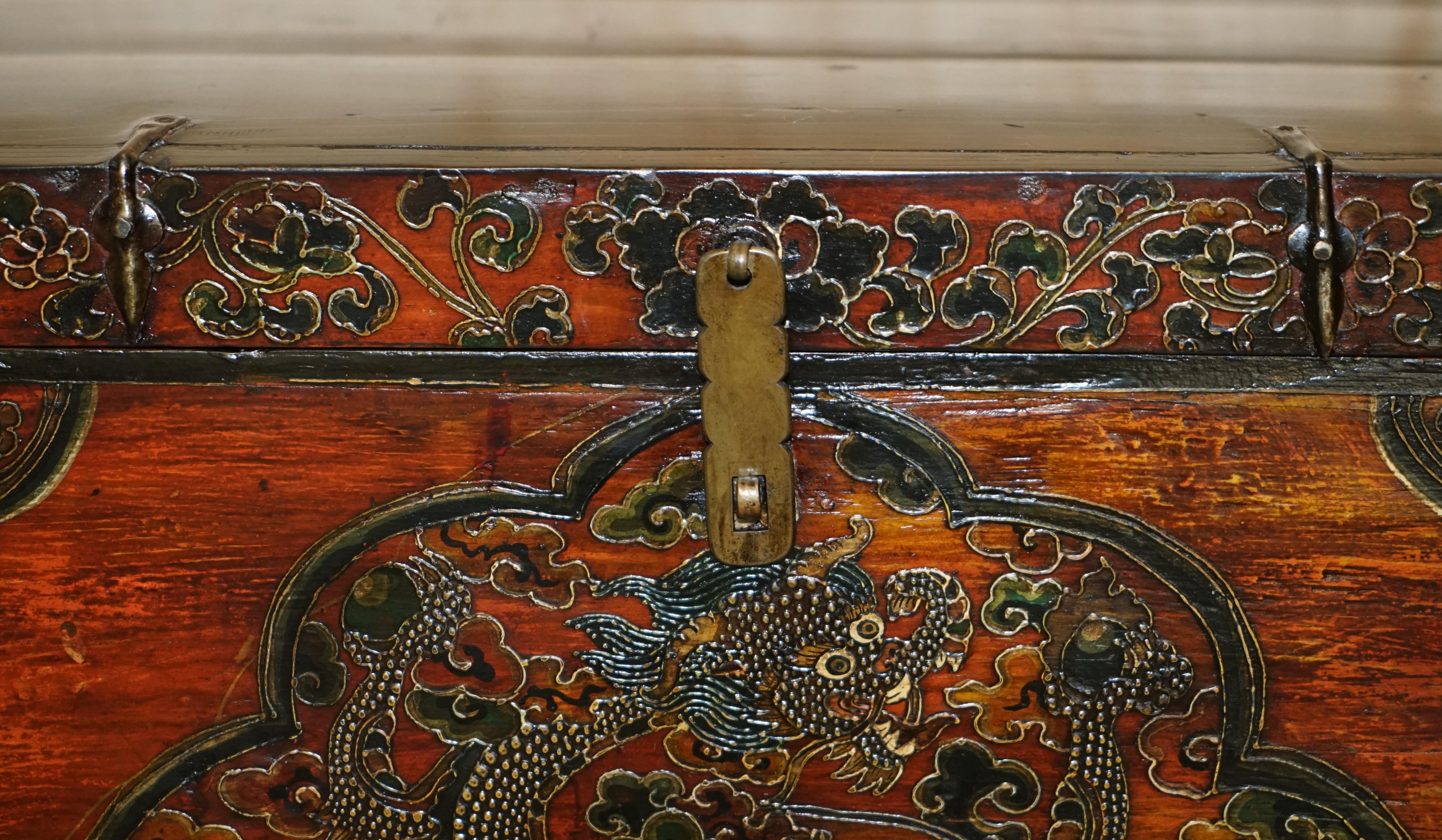 Antique Chinese Dragon Tibetan Polychrome Painted Trunk Linen Chest Coffer For Sale 1