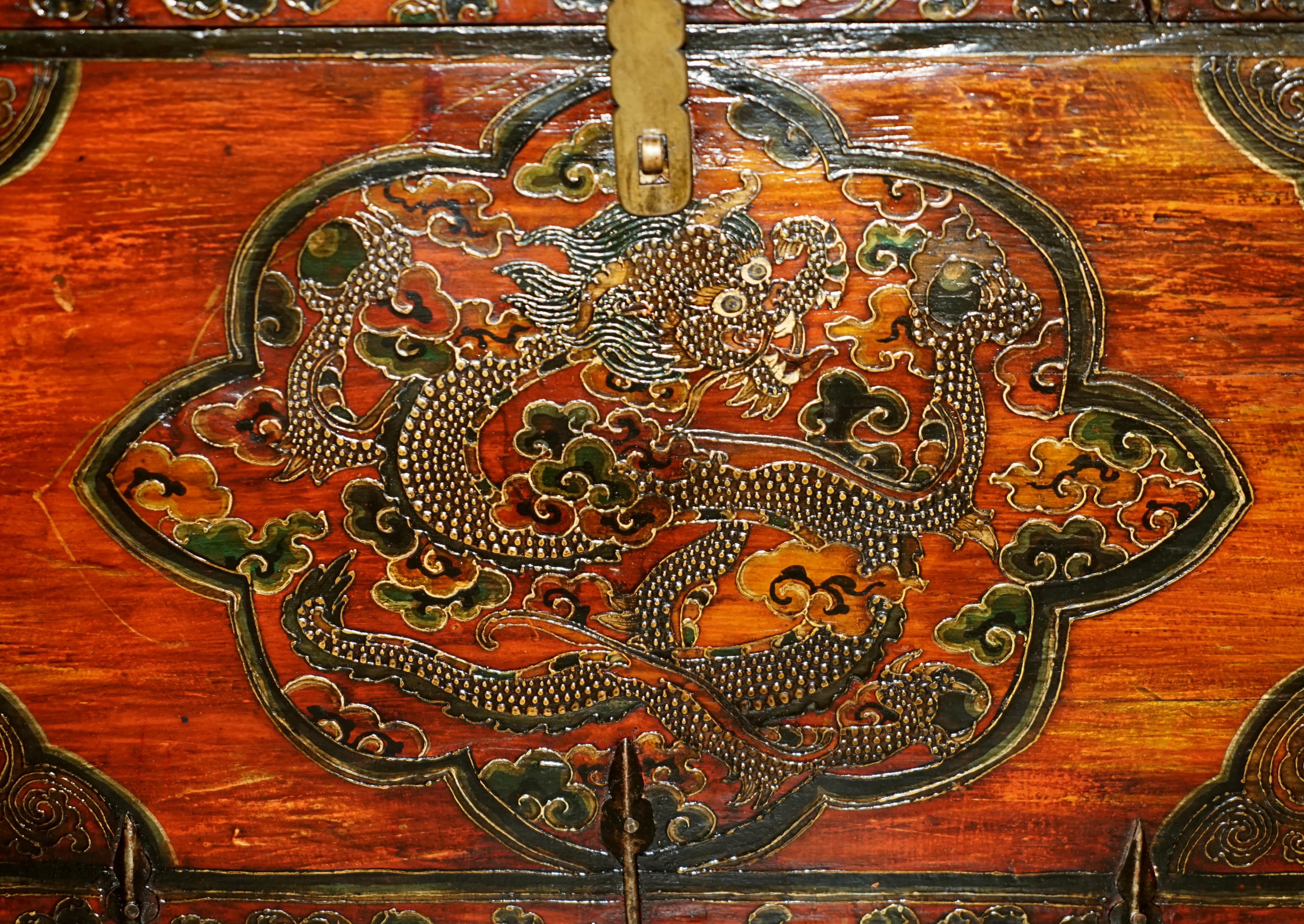 Antique Chinese Dragon Tibetan Polychrome Painted Trunk Linen Chest Coffer For Sale 2