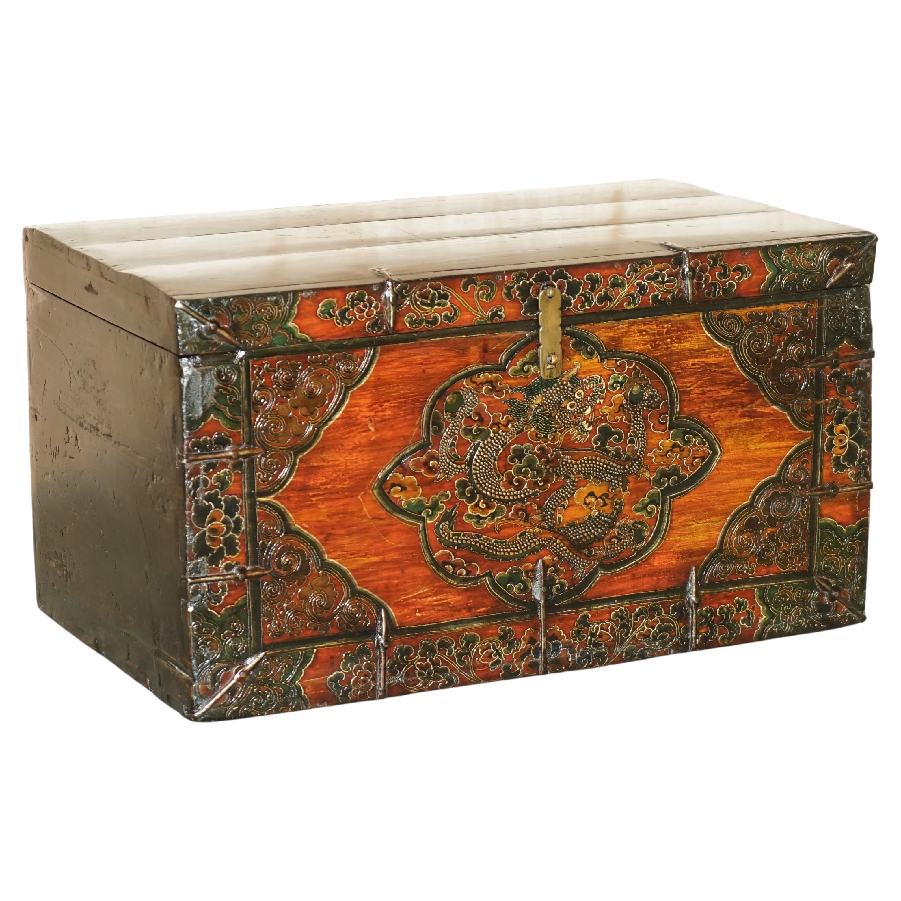 Antique Chinese Dragon Tibetan Polychrome Painted Trunk Linen Chest Coffer For Sale