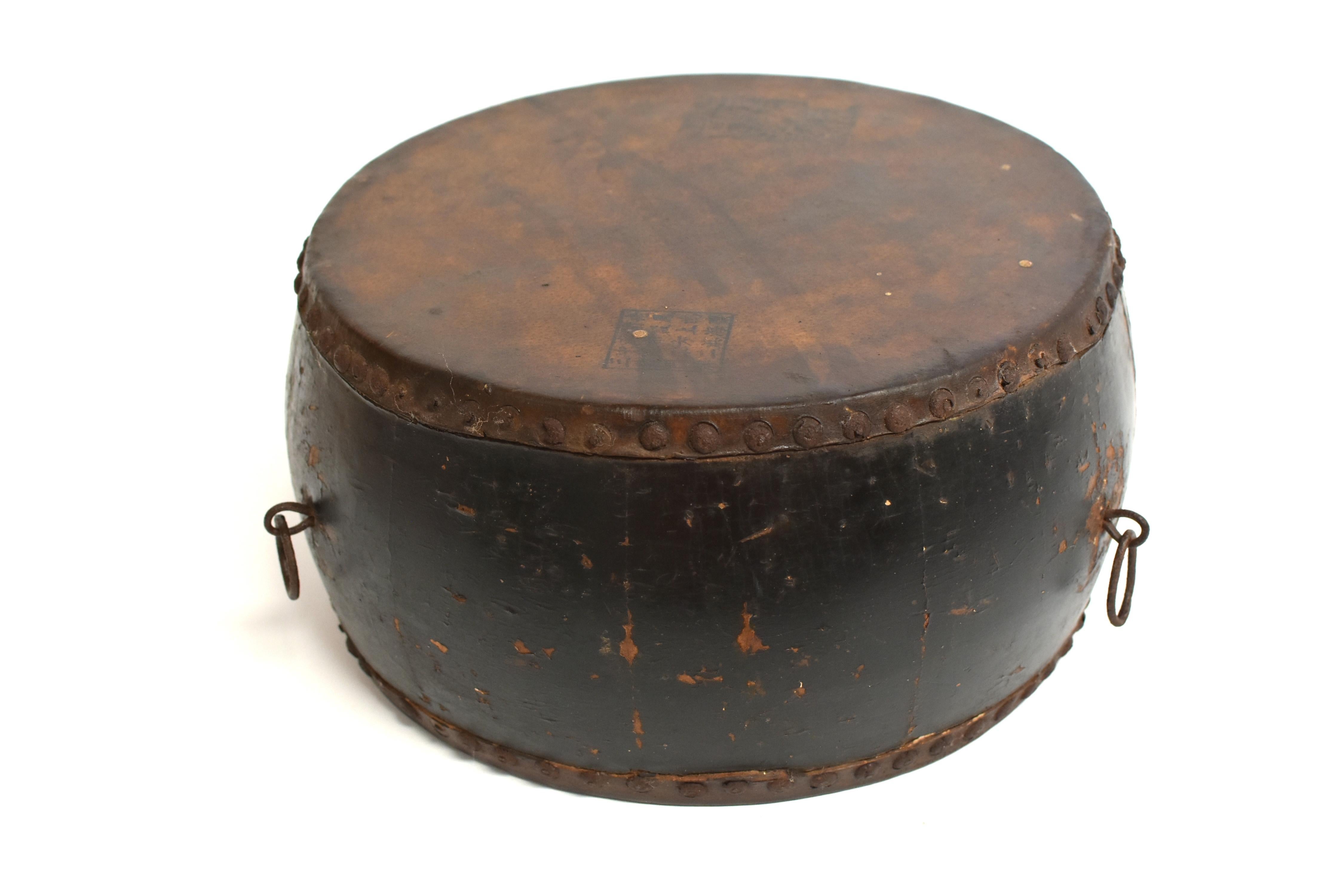 Antique Chinese Drum with Maker's Mark and Wealth God Stamp 13