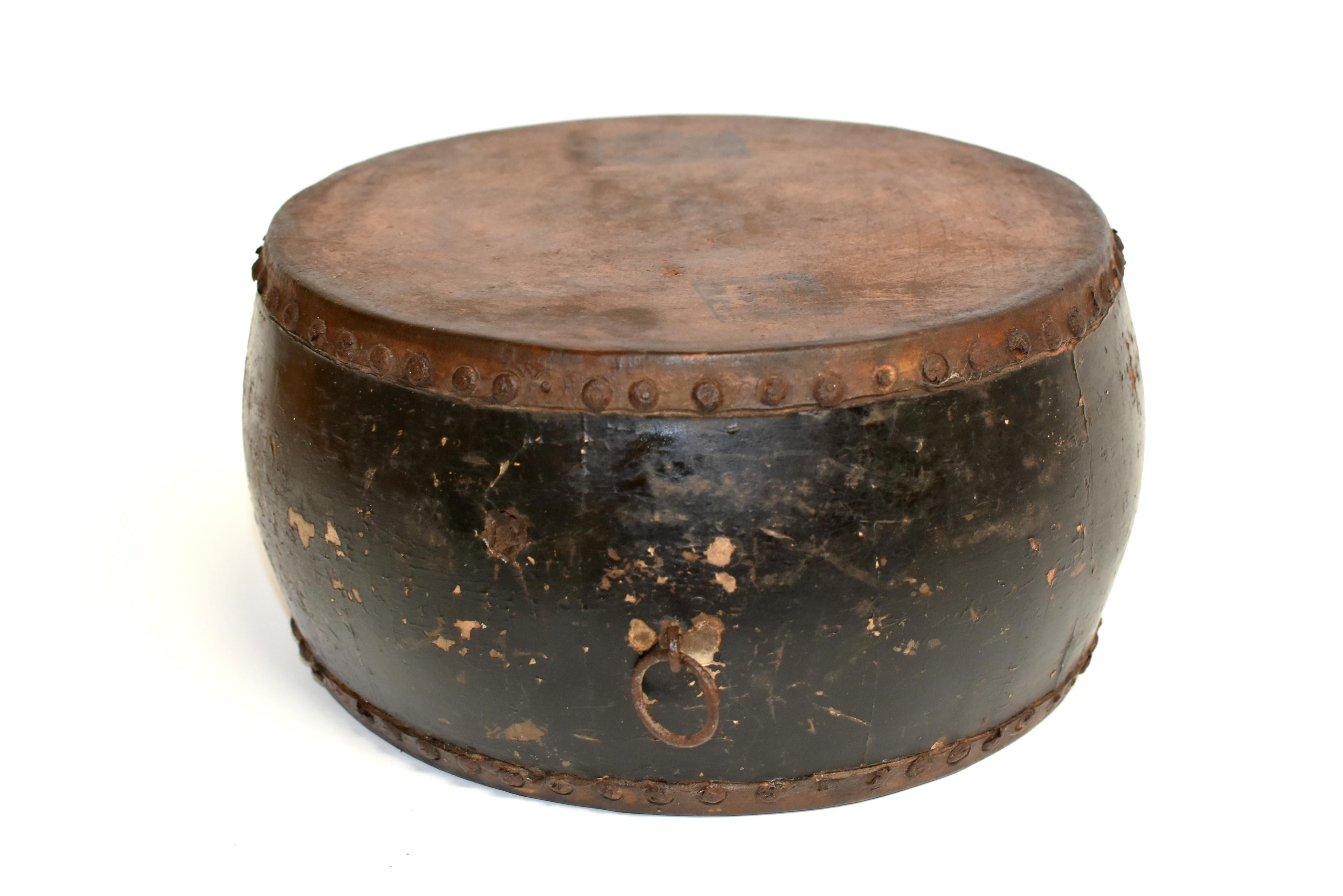 19th Century Antique Chinese Drum with Maker's Mark and Wealth God Stamp