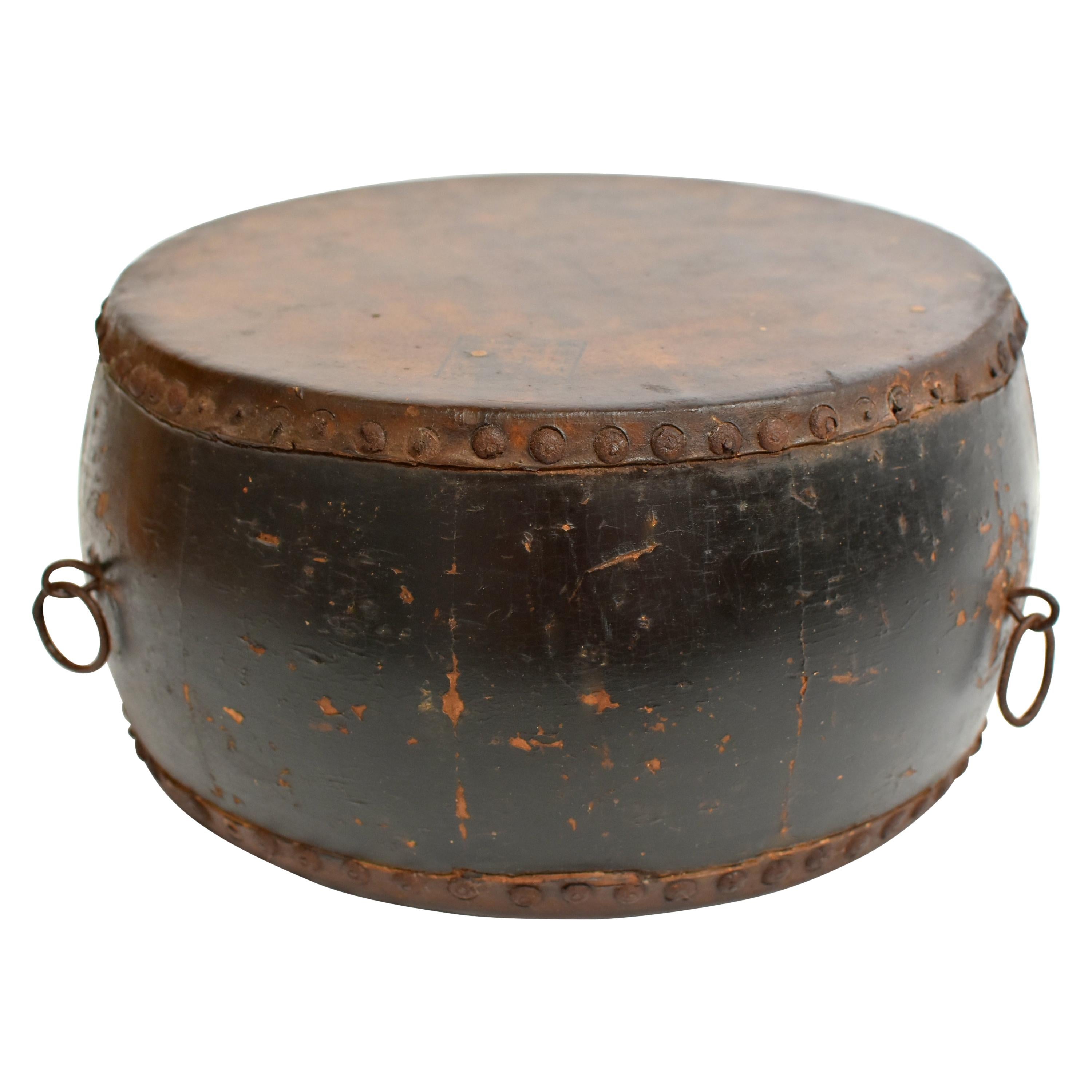 Antique Chinese Drum with Maker's Mark and Wealth God Stamp