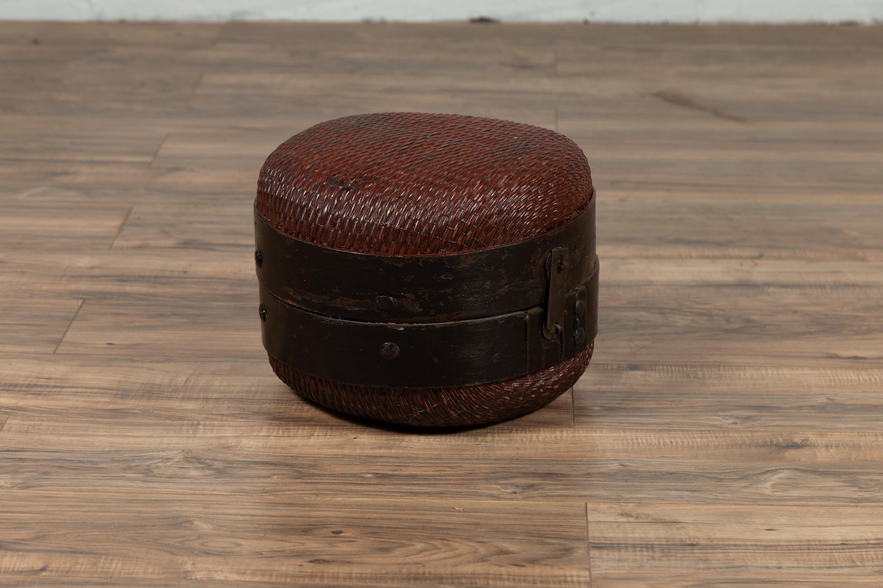 Antique Chinese Early 20th Century Rattan Hat Box with Weathered Patina 2