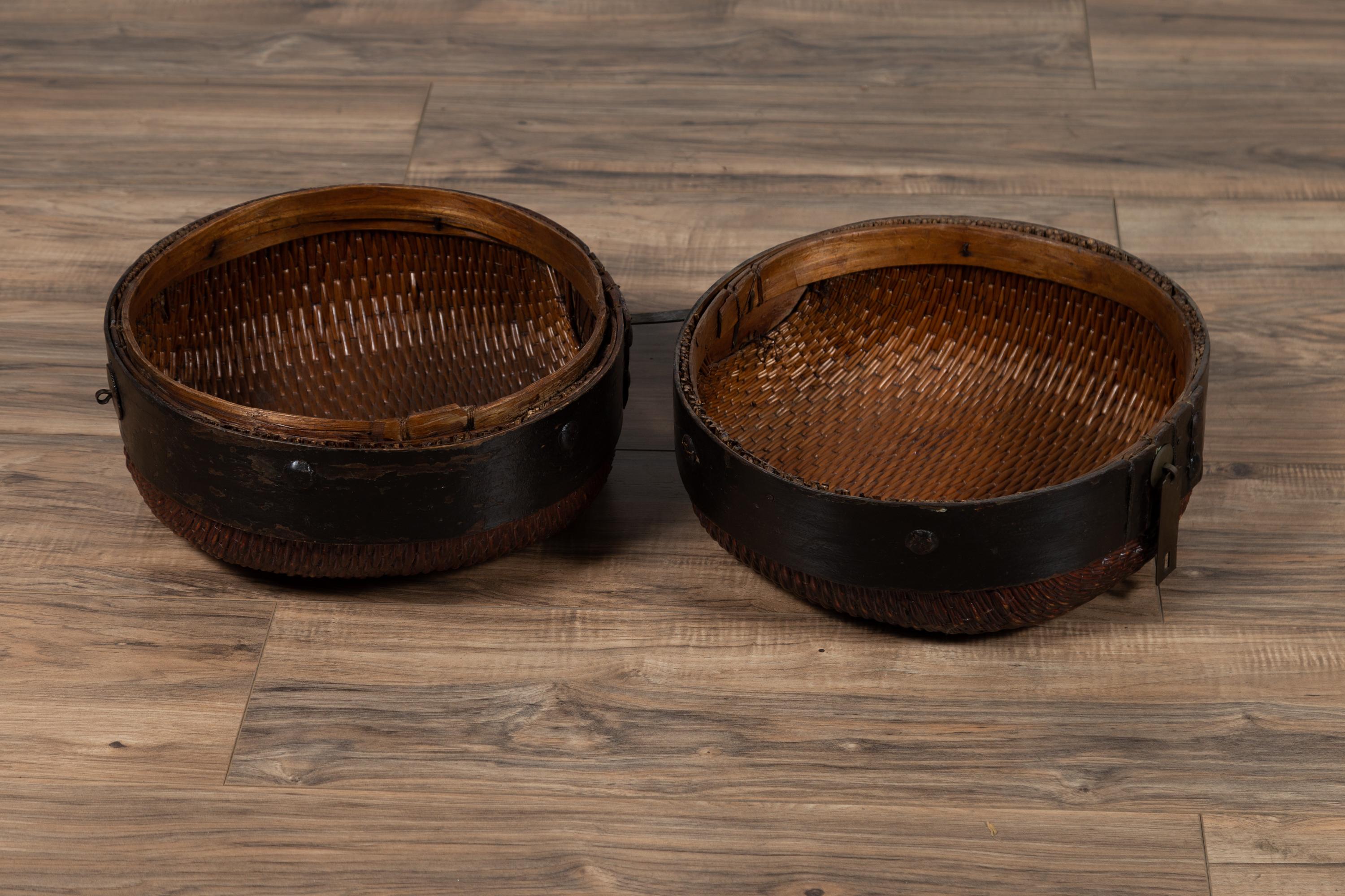 Antique Chinese Early 20th Century Rattan Hat Box with Weathered Patina 5